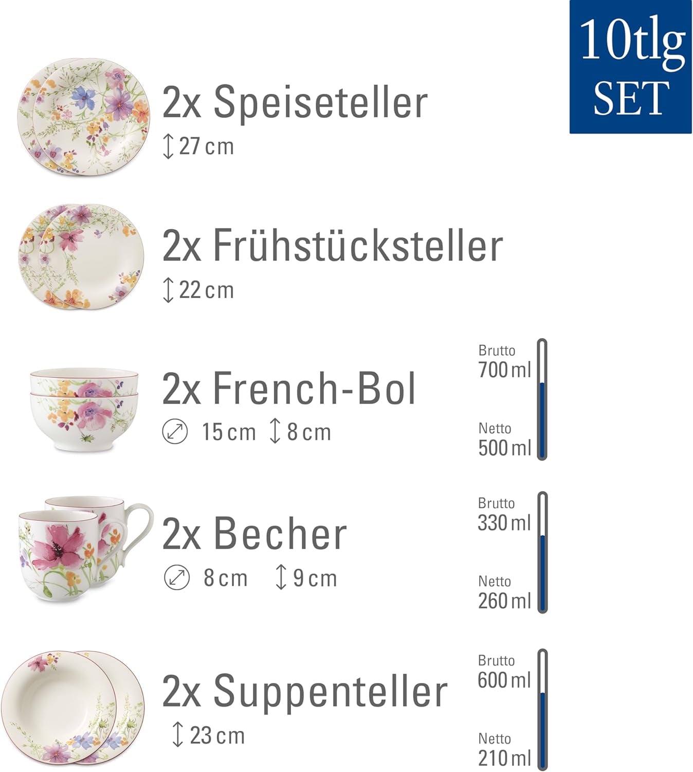 Startovací sada Villeroy & Boch Mariefleur, Různé barvy, Vhodné do myčky, Vhodné do mikrovlnné trouby, Sada nádobí pro 2, Sada květinového nádobí, Nádobí, Kombinovaná sada, Prémiový porcelán
