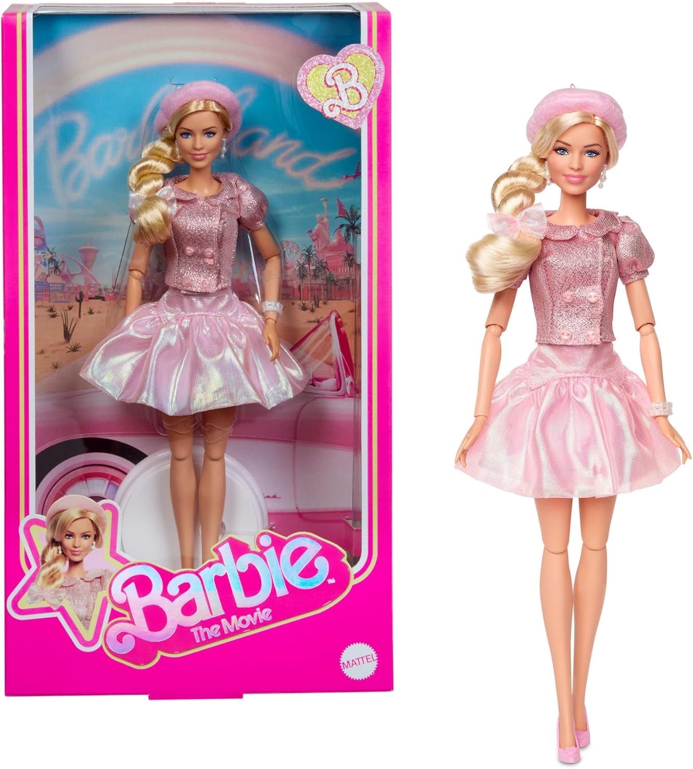 Barbie Film podle filmu Margot Robbie jako sběratelská figurka Barbie v růžové halence a tylové sukni se stylizovaným účesem a ladícími šperky JBJ53