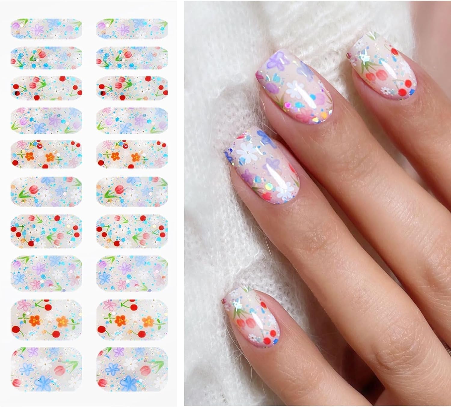 JMEOWIO Nagelfolie UV Härtend Bunter Blumenglitzer UV gelové proužky na nehty Nálepka na nehty Nagelaufkleber Nail Art Dekoration Nageldesign Zubehör