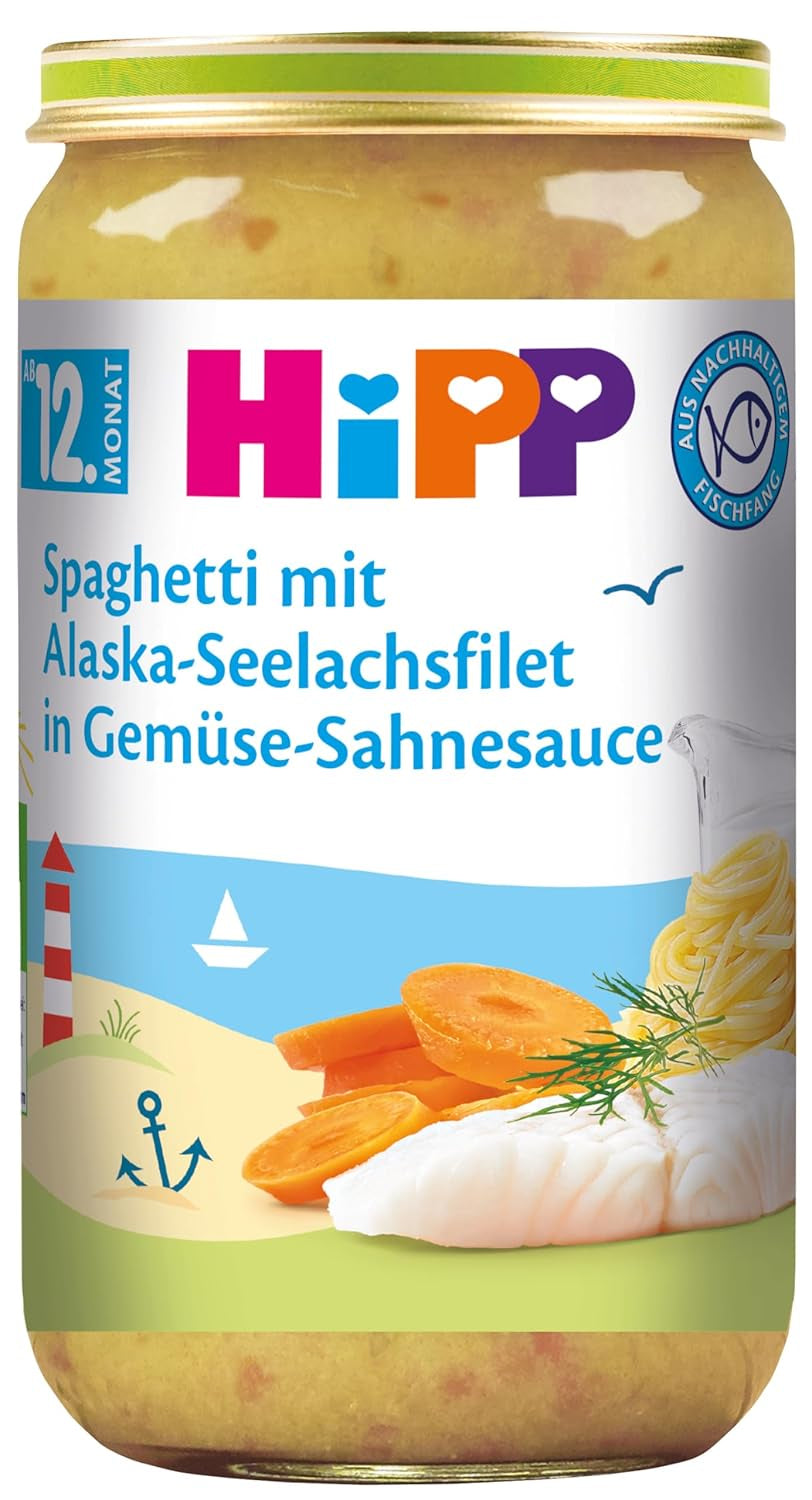HiPP špagety s aljašskými filety z tresky ve smetanové zeleninové omáčce, balení 6 ks (6 x 250 g)