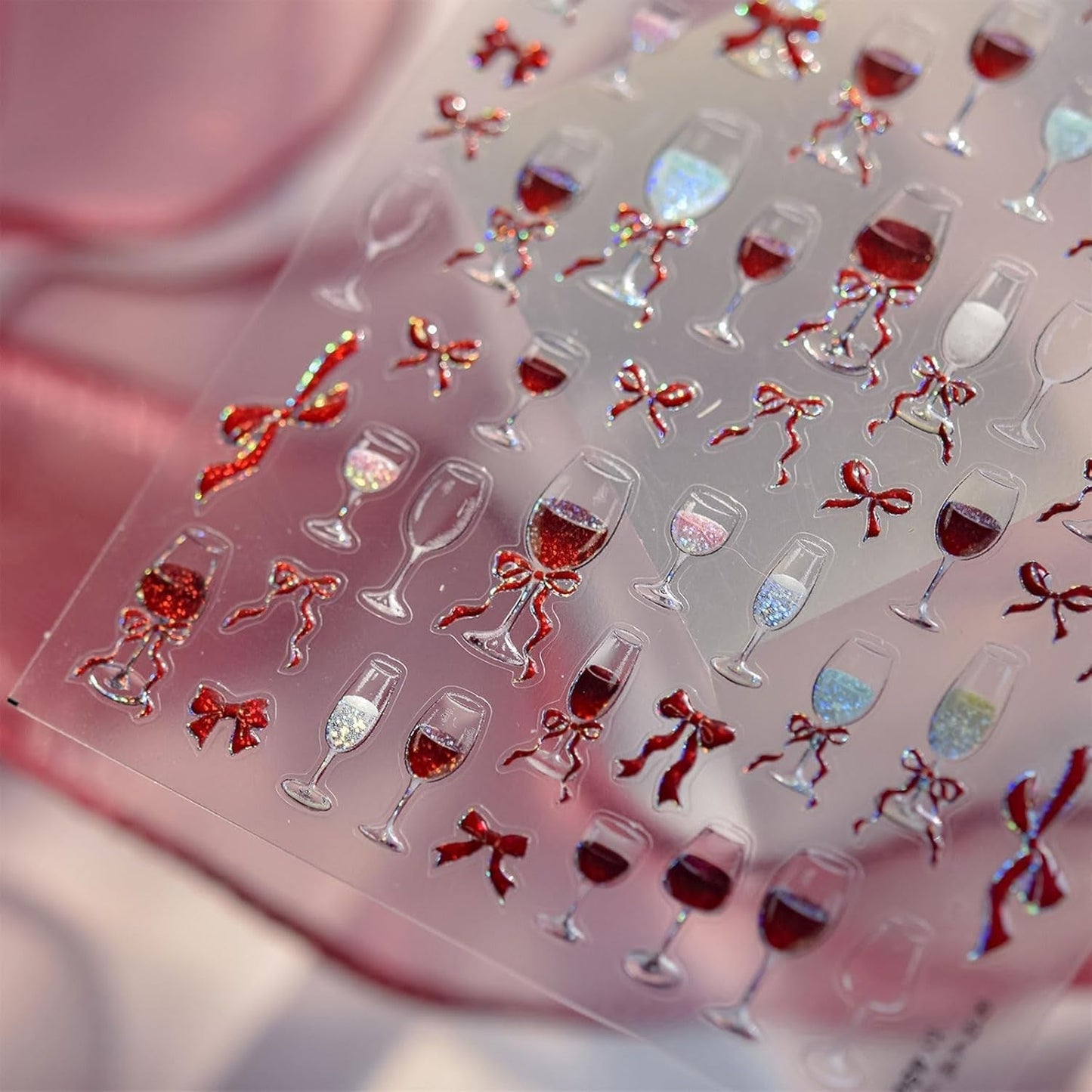 JMEOWIO 3D Nálepka na nehty Roter Kelch Mit Schleife Nálepka na nehty Selbstklebend Nagelaufkleber 5D Stereoskopická dekorace Nageldesign Zubehör 1 Blatt