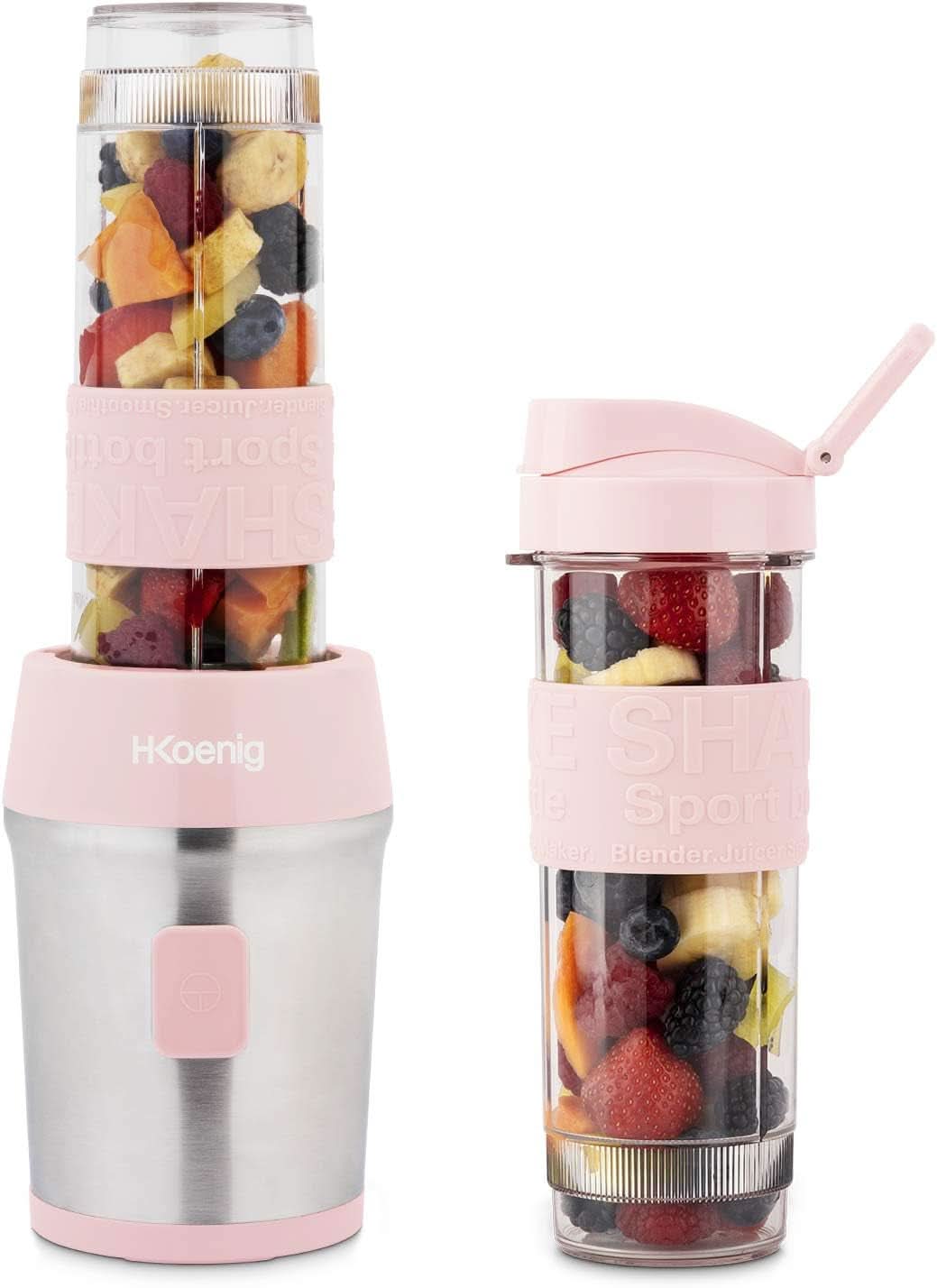 H.Koenig Smoothie Maker SMOO9 - Mini stojanový mixér - Minimixér - 300 Watt - 570 ml - Edelstahl - 2 Kunststoffflaschen - Bez Bpa, Pšeničná kuchyně Naty Shop Pastelrosa