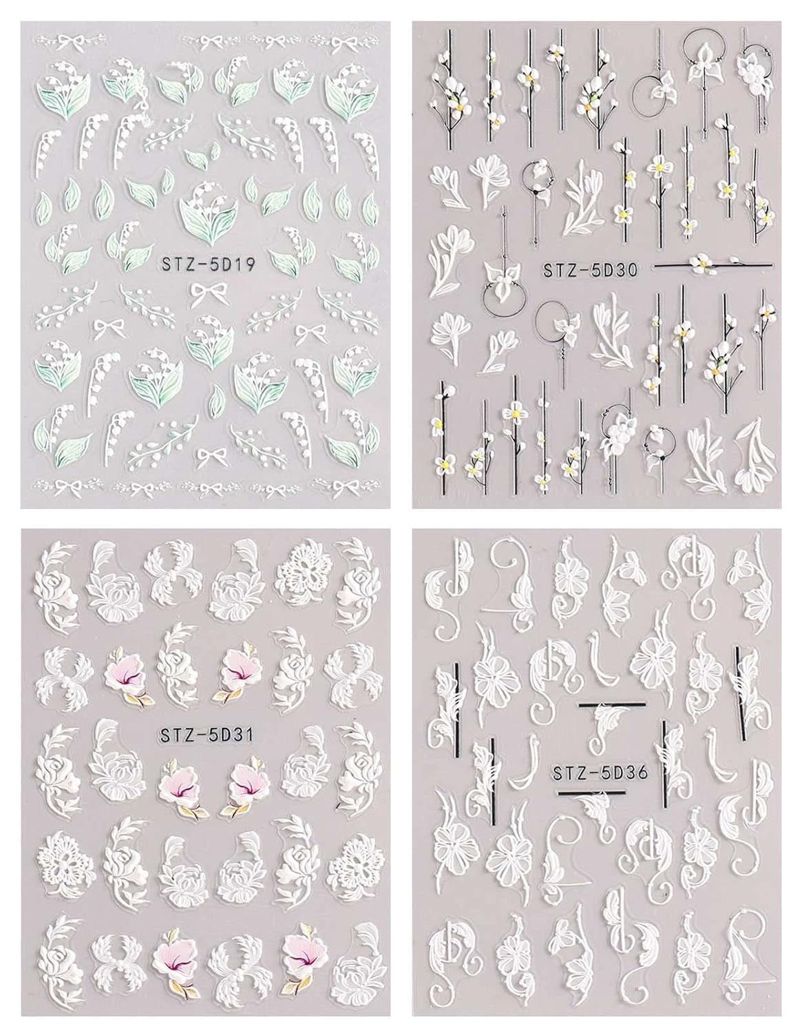 JMEOWIO 3D Nálepka na nehty Frühling Blume Nálepka na nehty Selbstklebend Nagelaufkleber 5D Stereoskopisch Buntes Letní Blumen Dekorace Nageldesign Zubehör 4 Blatt