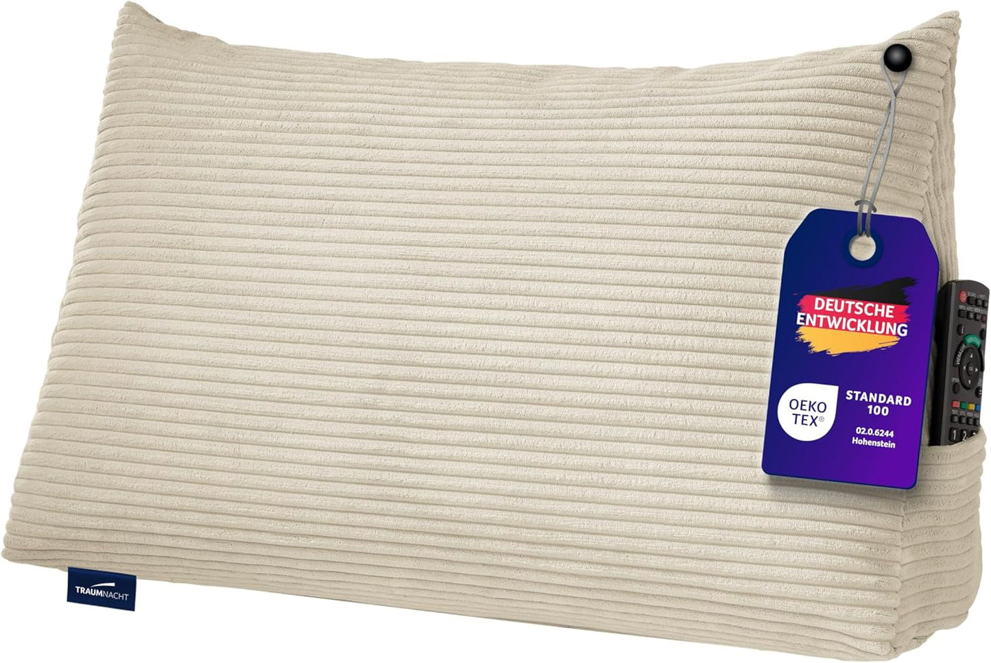 Polštář Traumnacht Cozy Back, polštář na čtení, 70 x 40 cm béžový, snímatelný a pratelný potah ze 100% polyesteru, praktická boční kapsa, certifikováno Oeko-Tex, vyrobeno podle německých norem kvality