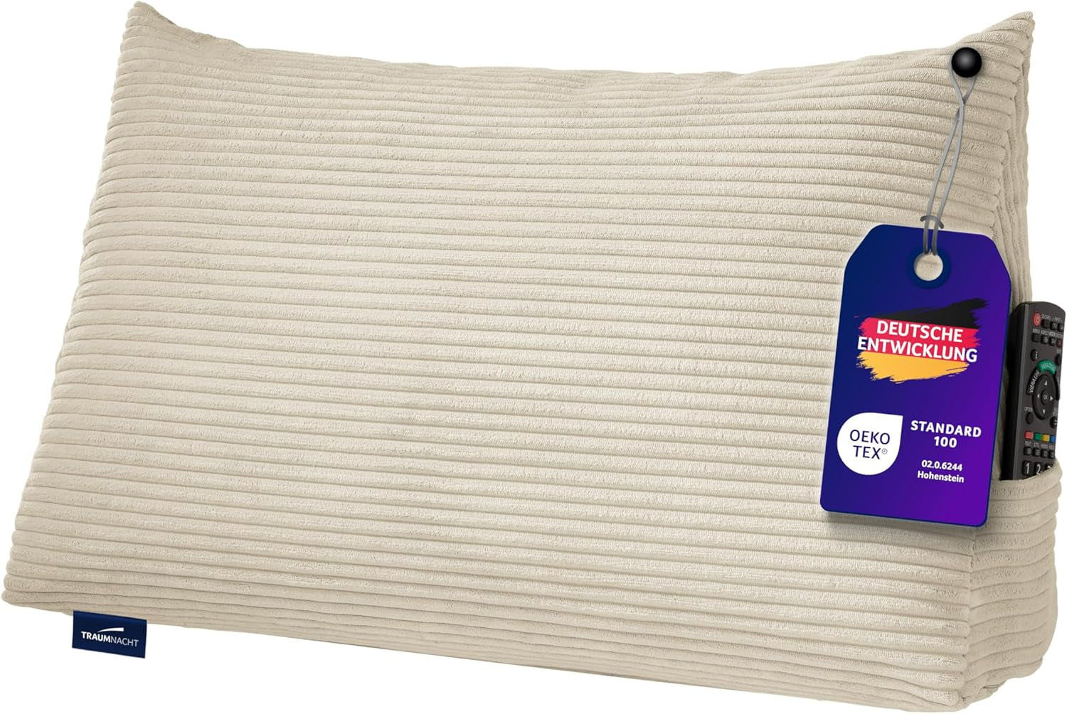 Polštář Traumnacht Cozy Back, polštář na čtení, 70 x 40 cm béžový, snímatelný a pratelný potah ze 100% polyesteru, praktická boční kapsa, certifikováno Oeko-Tex, vyrobeno podle německých norem kvality