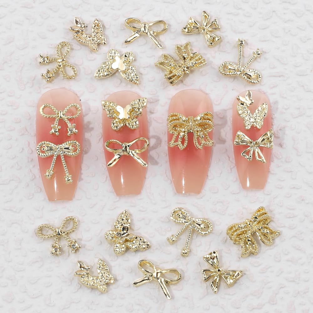 50Stück 3D zlatá mašle na nehty Butterfly Nail Art Charms Legierung Bogen Nagel Charms Nägel Zubehör Schleife Nagelschmuck Metall Schleifen Schmetterling Nageldesign Nagelanhänger Nailart Strasssteine