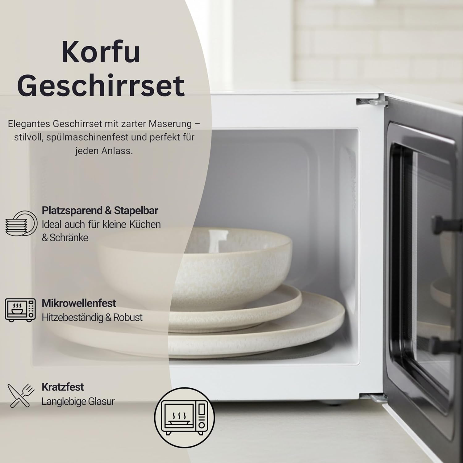 SANGER | 24dílná sada korfuského nádobí Večeřský servis pro 8 ručně vyrobených keramických sad nádobí včetně talířů Dezertní talíře a talíře Suma Krémové nádobí s pískovou texturou