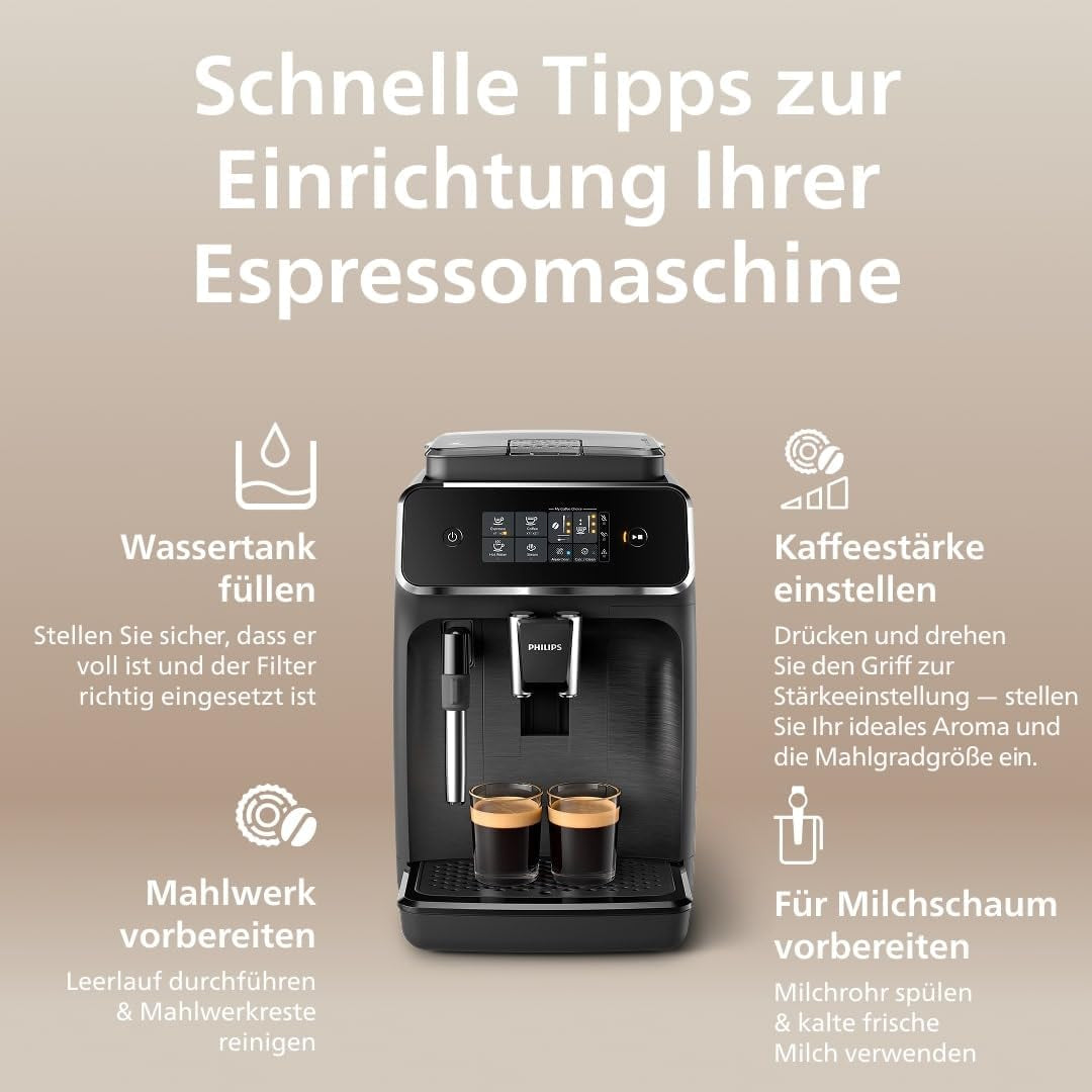 Automatický espresso kávovar PHILIPS řady 2200 - 2 kávové speciality, dotykový displej, klasický napěňovač mléka, keramický mlýnek, matná černá (EP2220/10)