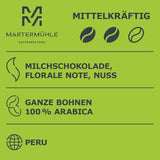 Martermühle Peru Bio Kaffeebohnen 1kg mittelkräftig I Arabica I Aroma: mléčná čokoláda, květinové tóny, ořechy I Ganze Bio Kaffee-Bohnen schonend geröstet, säurearm