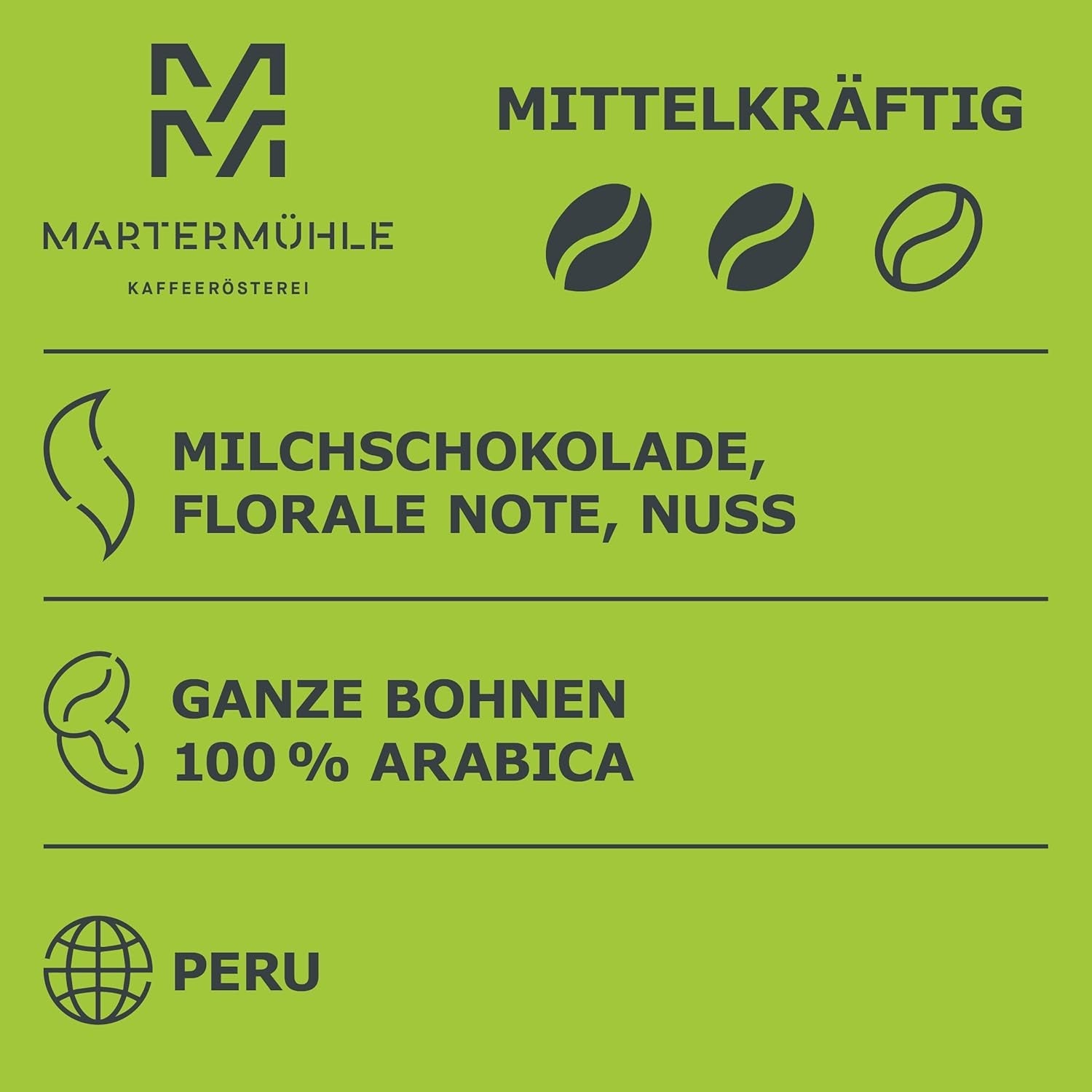Martermühle Peru Bio Kaffeebohnen 1kg mittelkräftig I Arabica I Aroma: mléčná čokoláda, květinové tóny, ořechy I Ganze Bio Kaffee-Bohnen schonend geröstet, säurearm