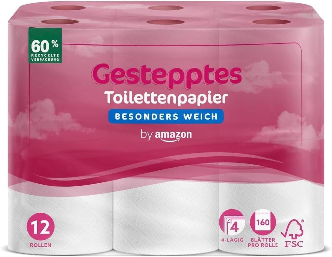 Toaletní papír Amazon, 4vrstvý prošívaný, extra měkký, 48 rolí (12 rolí, balení po 4 kusech), 160 listů na roli, certifikováno Fsc