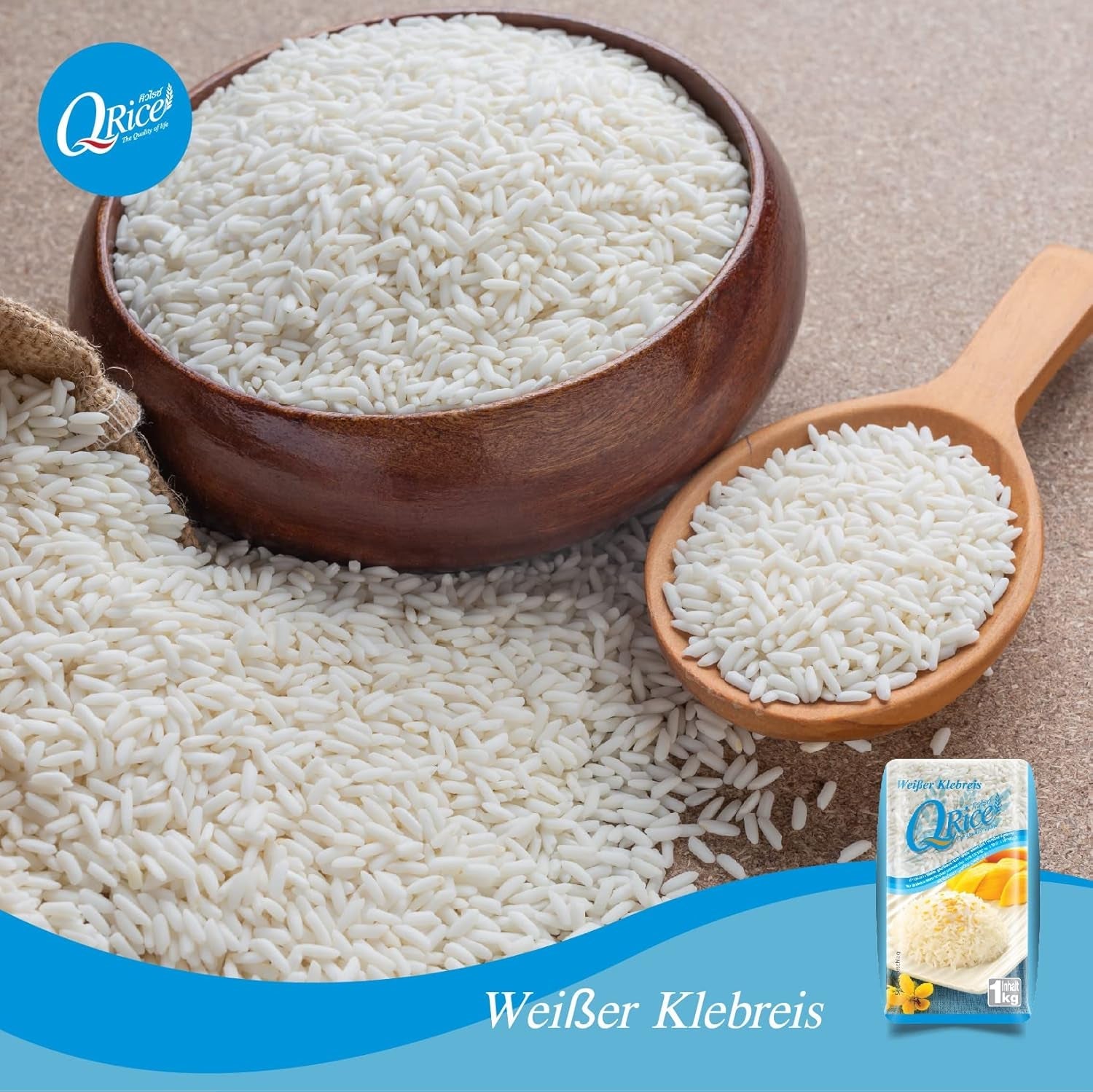 Q RÝŽE | Weißer Klebreis Langkorn z Thajska | Aromatisch mit klebriger Textur | Ideální na kari, sushi, mochi nebo rýžový nákyp 1 x 1 kg
