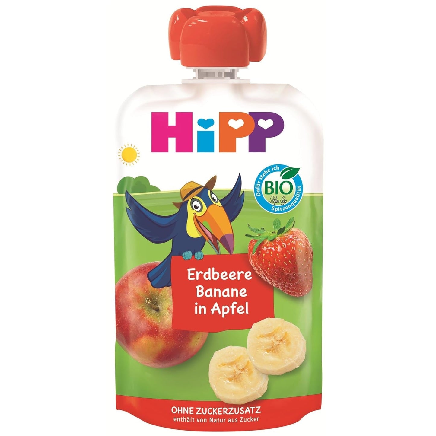 HiPP Bio lisovatelný ovocný sáček s jahodami a banány v jablečné barvě - Theo Tukan (8 x 100g), od 1 roku, 100% ovocné pyré, bez přidaného cukru, vegan, nejlepší bio kvalita