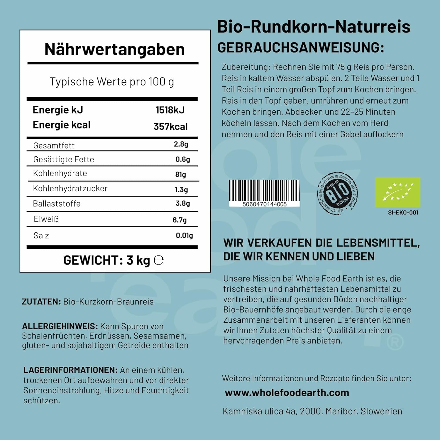 Wholefood Earth Bio Krátkozrnná hnědá rýže 3 kg Non-GMO Vegan Zdroj vlákniny z kontrolovaného ekologického zemědělství