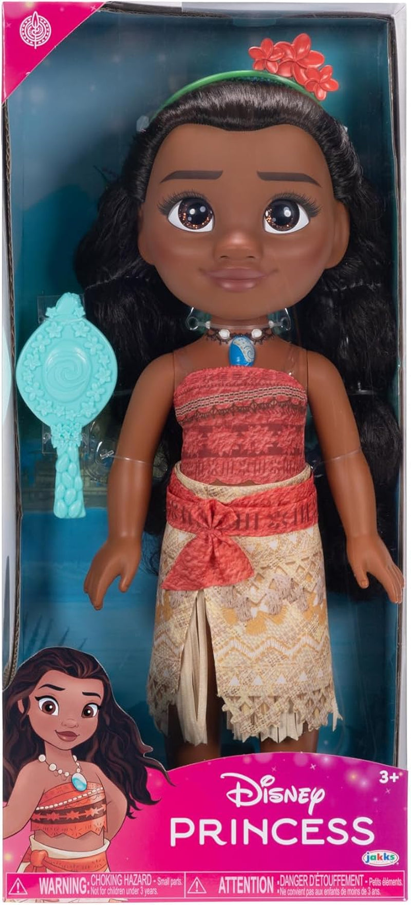 Panenka Disney Princess Moana 35 cm, reflexní třpytivé oči, pohyblivé klouby, odnímatelný outfit, květinová spona, dlouhé vlasy, pro dívky od 3 let
