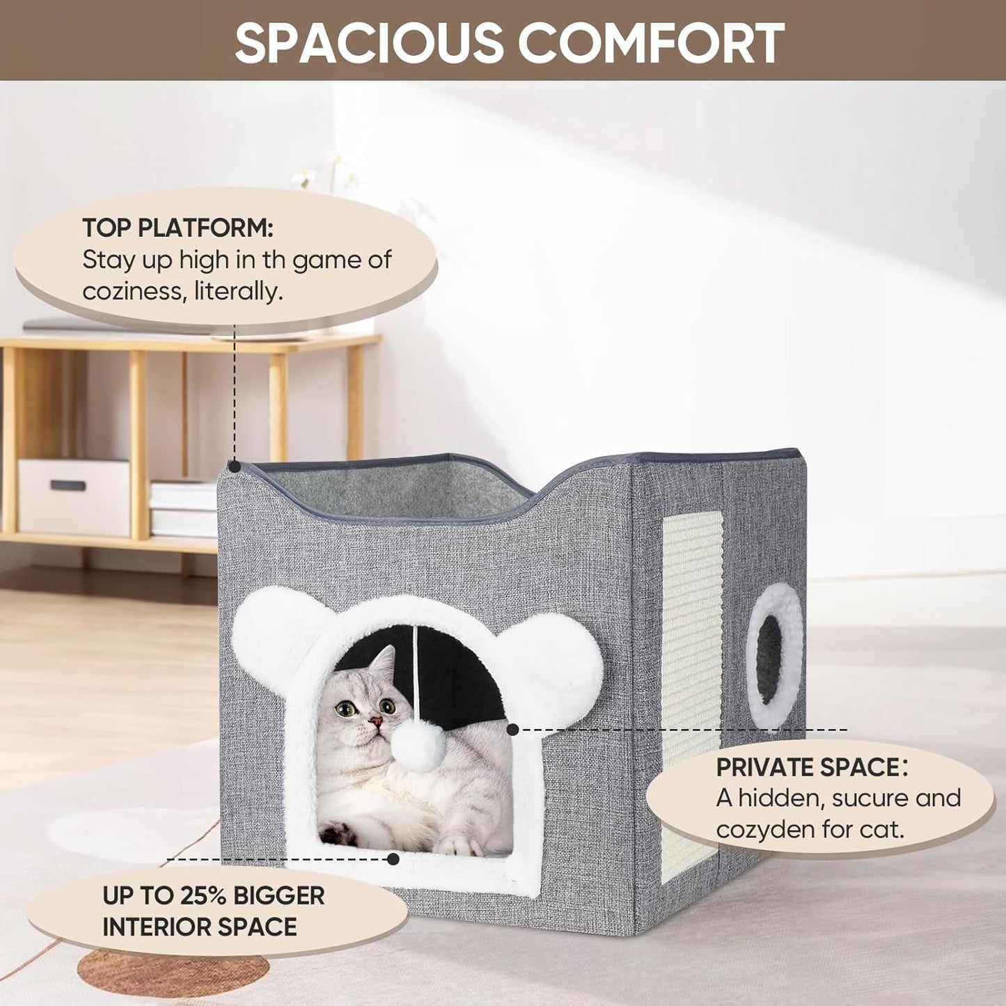 Katzenbetten für Indoor Katzen, Faltbares Katzenhaus, Katzenhöhle 2 Schicht Würfel Großer Raum Katzenbett mit Kratzbrett und Spielball, 15,8 x 15,8 x 15 palců