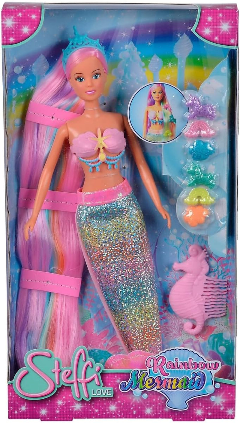 Simba 105733610 - Steffi Love Rainbow Mermaid, duhová panenka s barevnými vlasy, sponkami do vlasů, hřebínkem a odnímatelnou ploutví, hrací panenka 29 cm, věk 3+ Dolls Naty Shop