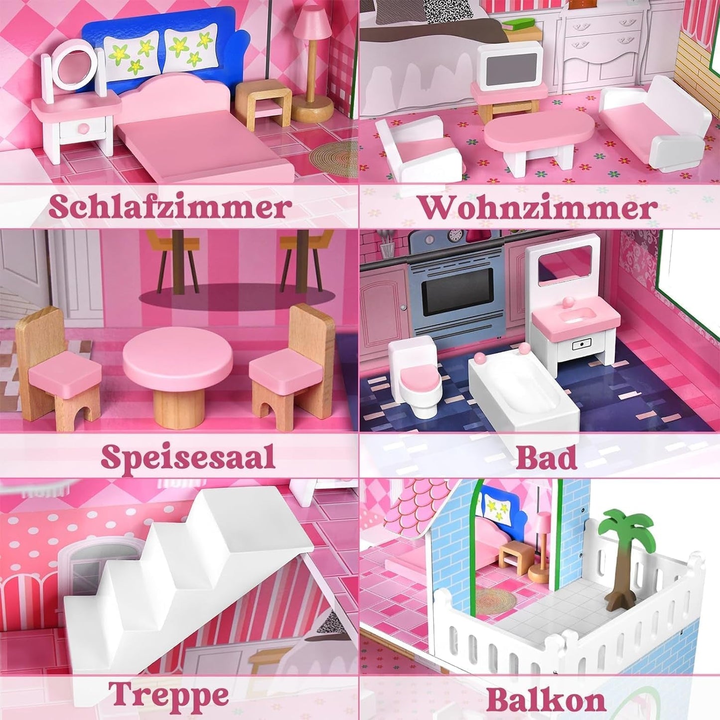 HENGMEI Puppenhaus Kinder Holz Puppenvilla Set domečku pro panenky Mädchen Spielset 3 Etagen Haus mit Möbeln und Zubehör, 70x30x100cm Puppenhäuser für Kinder (Typ B)