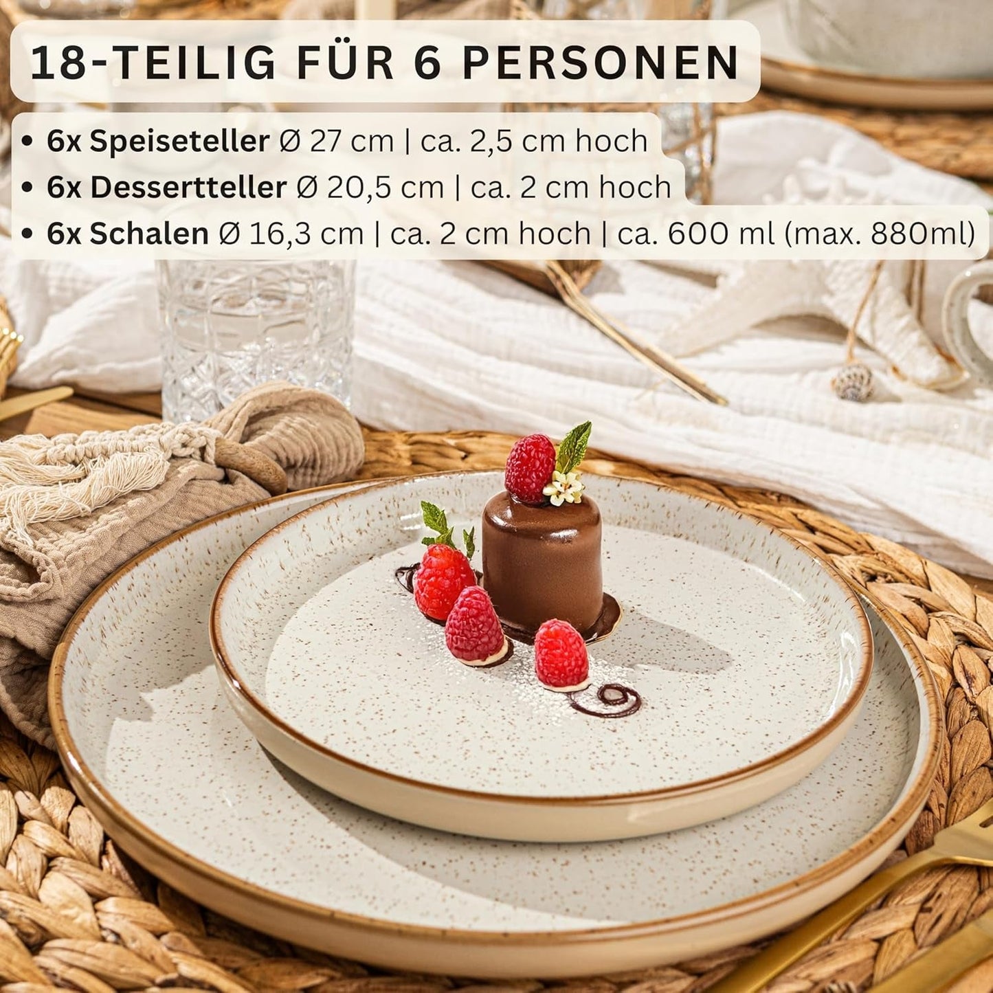 SÄNGER Rio Creme | 18dílná sada kameninového nádobí pro 6, včetně 6 jídelních talířů, 6 dezertních talířů a 6 misek | SBÍRKA HODNOT
