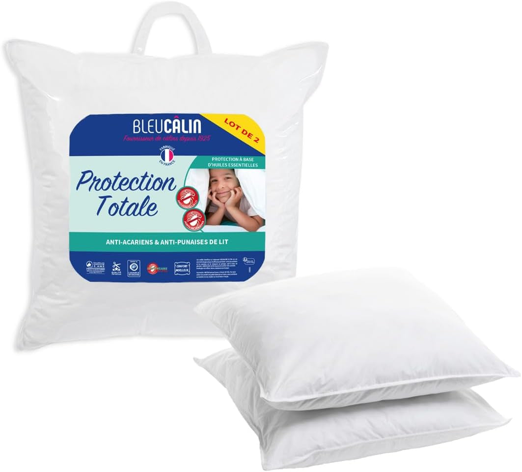 Bleu Câlin sada 2 polštářů proti roztočům, proti hmyzu, nadýchaný komfort, 60 X 60 Cm, potah z mikrovlákna, plná ochrana, bílé standardní polštáře Naty Shop 60X60 Cm