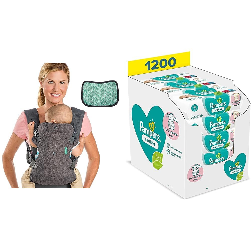 Nosítko Pampers Sensitive Flip Advanced 4 v 1 s bryndákem a ubrousky, 1200 ubrousků (15 x 80) pro citlivou pokožku dítěte, dermatologicky testováno, Essentials pro novorozence