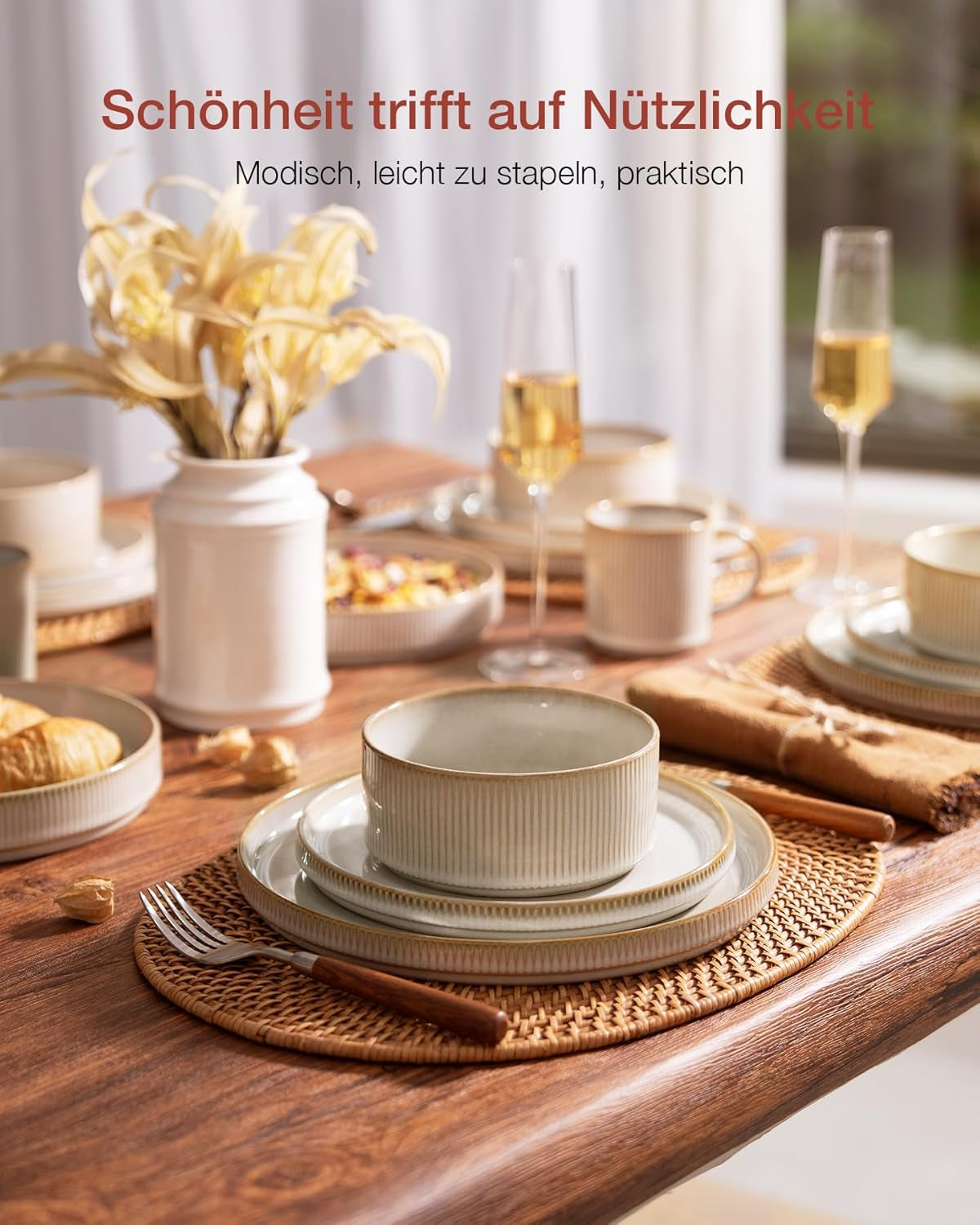 Star 18dílná sada jídelního nádobí, sada nádobí pro 6 osob, porcelán, odolná proti poškrábání, vhodná do mikrovlnné trouby a myčky, cappuccino bílá