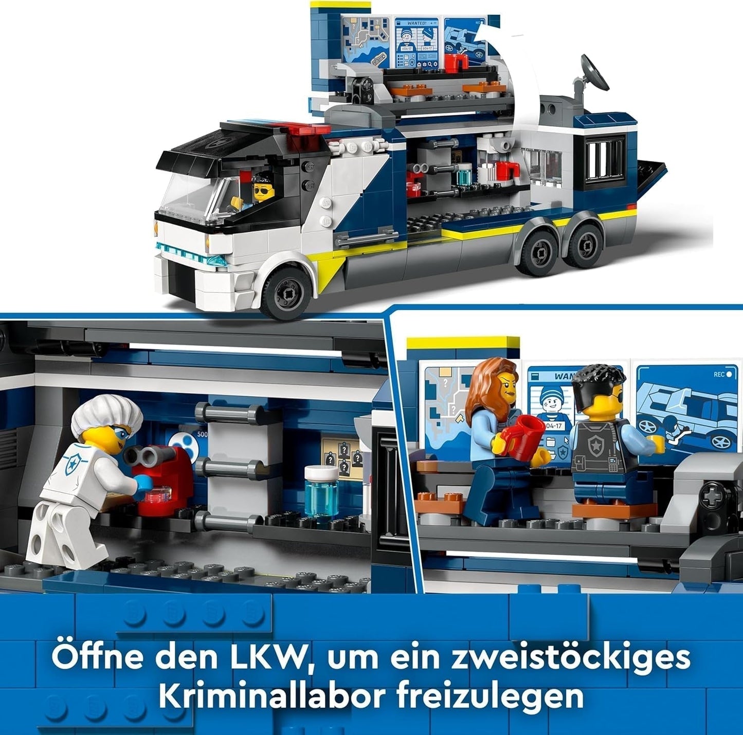 Policejní náklaďák LEGO City s laboratoří, policejní čtyřkolkou a náklaďákem pro děti, dárek pro chlapce a dívky od 7 let, navíc 5 minifigurek – 2 policisté, 1 vědec a 2 podvodníci 60418 Stavebnice Beuche den LEGO-Store