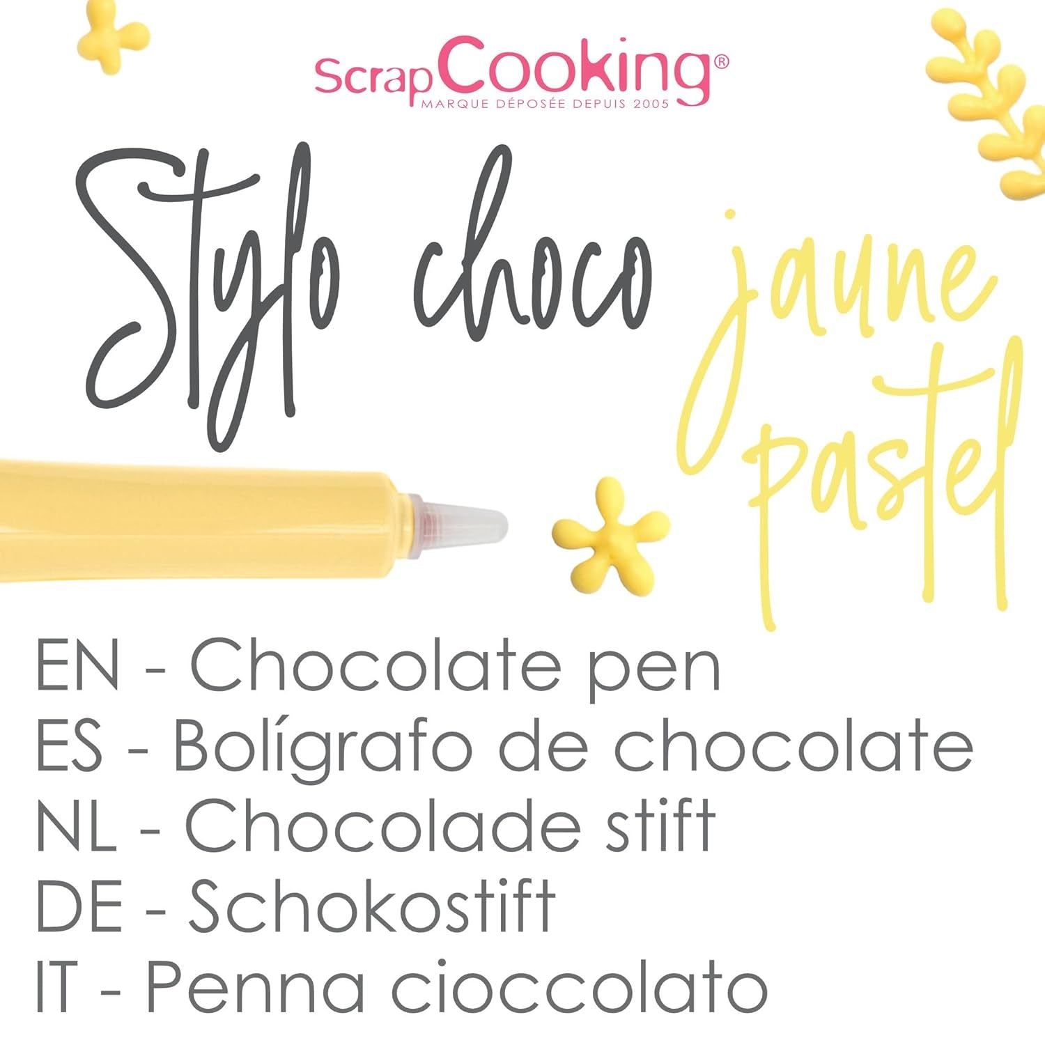 Scrapcooking - Pastelově žluté cukrové pero - Žlutý psací cukr 25g - Dekorativní jedlé cukrové pero - Psaní a kreslení - Označování fondán, poleva, dorty - 6804