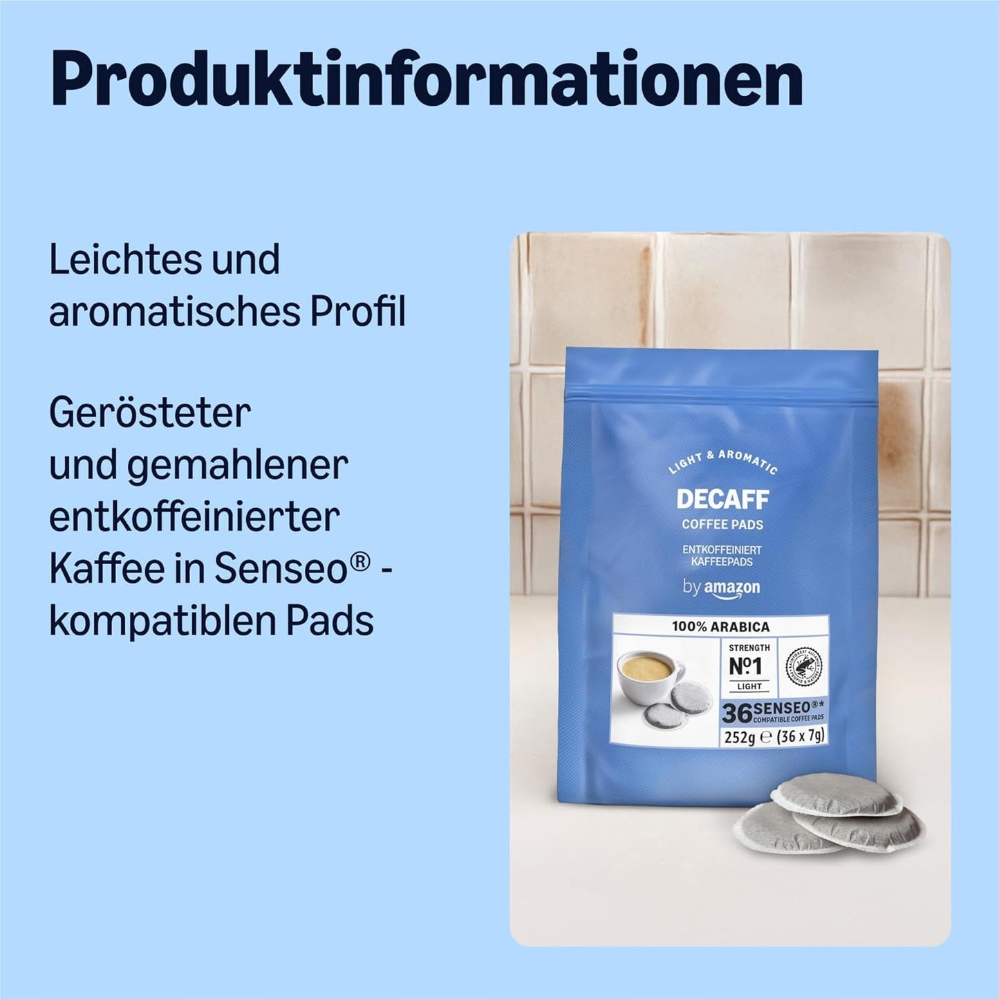 od Amazon Entkoffeinierte 100% Arabica-Kaffeepads, geeignet für Senseo-Maschinen, medium Röstung, 36 Stück (1 Packung mit 36 ​​​​Stück) – Rainforest Alliance-zertifiziert