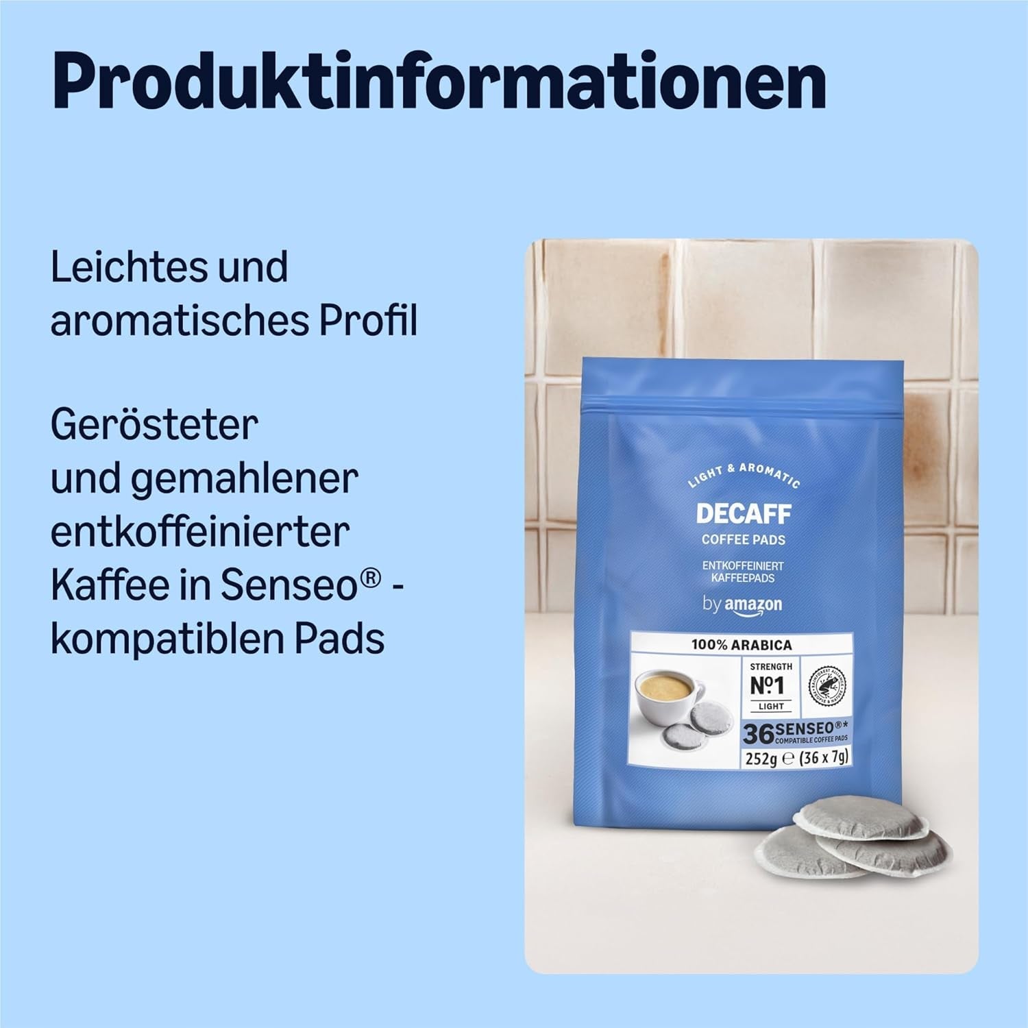 od Amazon Entkoffeinierte 100% Arabica-Kaffeepads, geeignet für Senseo-Maschinen, medium Röstung, 36 Stück (1 Packung mit 36 ​​​​Stück) – Rainforest Alliance-zertifiziert