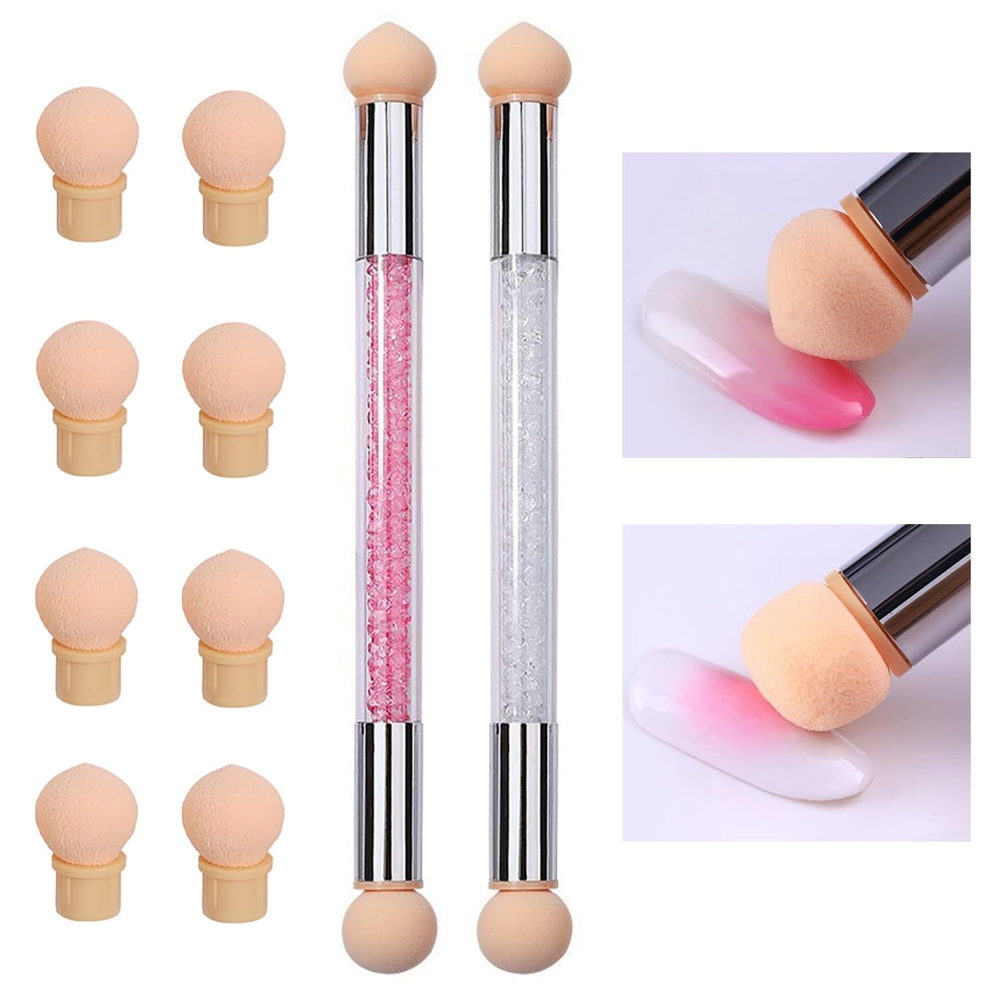 2 Stück Nail Art Rendering-Werkzeuge Doppelter Kopf, Sponge Brush Applicator Inkl 8 Ersatzköpfe, Nail Art Schwamm Und Tupfpinsel (Weiß, Rosa)