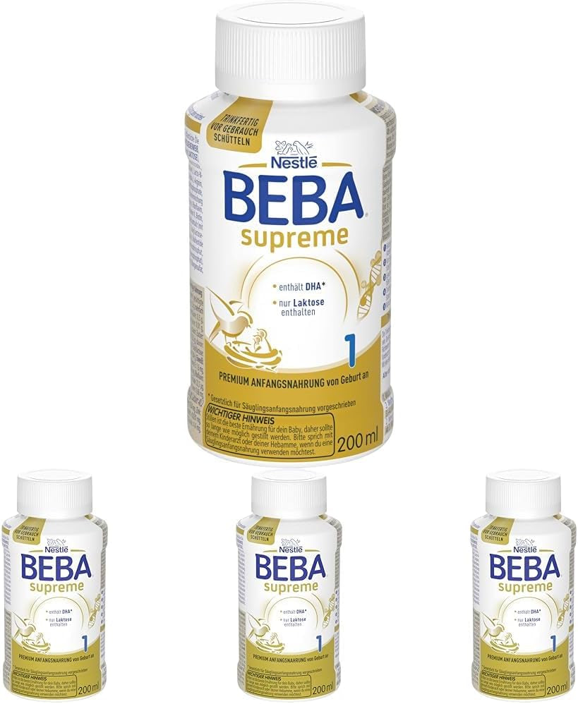 BEBA Nestlé BEBA SUPREME 1 Kojenecké mléko: lahvičky k pití s ​​Omega 3, balení 4 ks (1 x 200 ml)