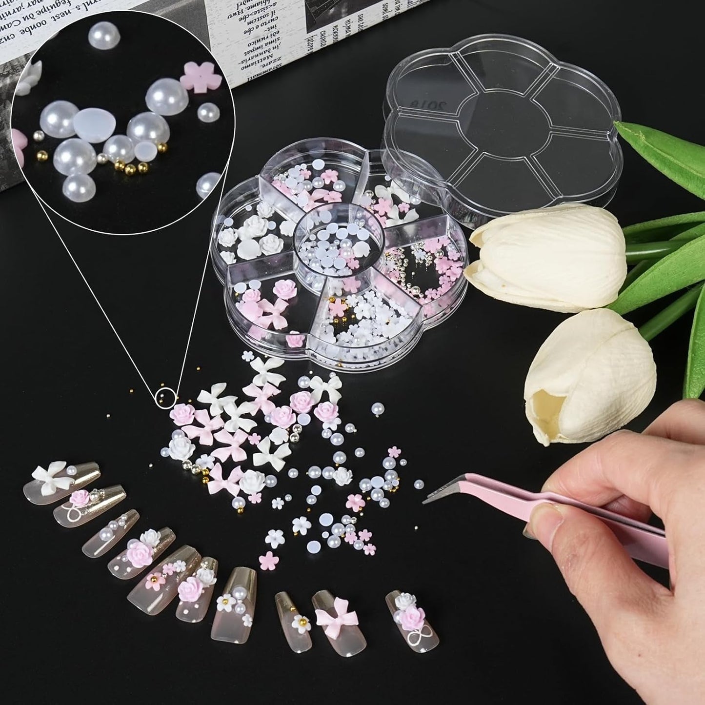 3D kouzla na nehty, kouzla na nehty Schleifen, Blumen Und Perlen, kouzla Nagel Aus Harz, sady Nageldekorations, DIY kouzla Nägel, Nagelanhänger