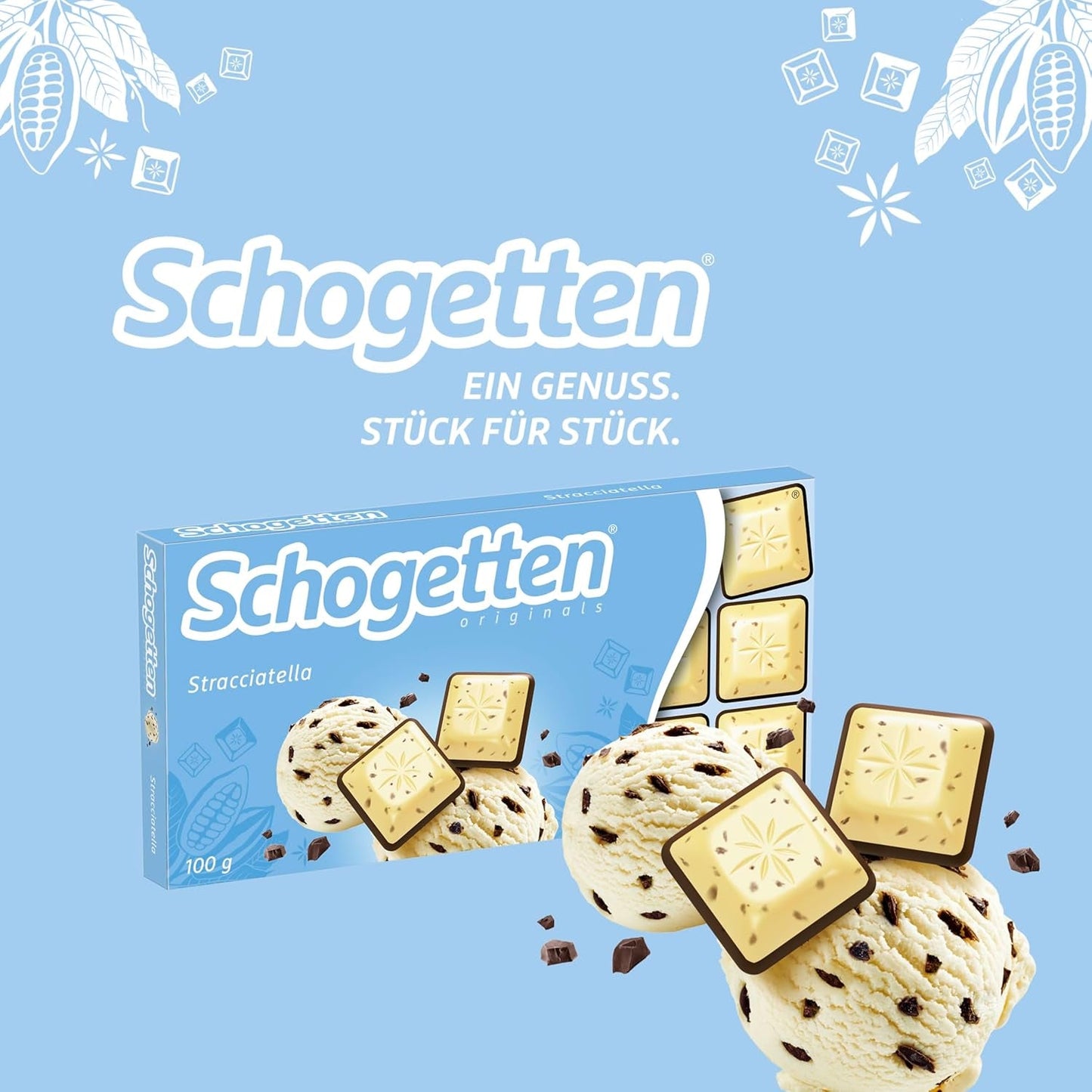 Čokoládová tyčinka Schogetten Stracciatella 100g, jednotlivě porcovaná. Potěšení. Kousek po kousku.