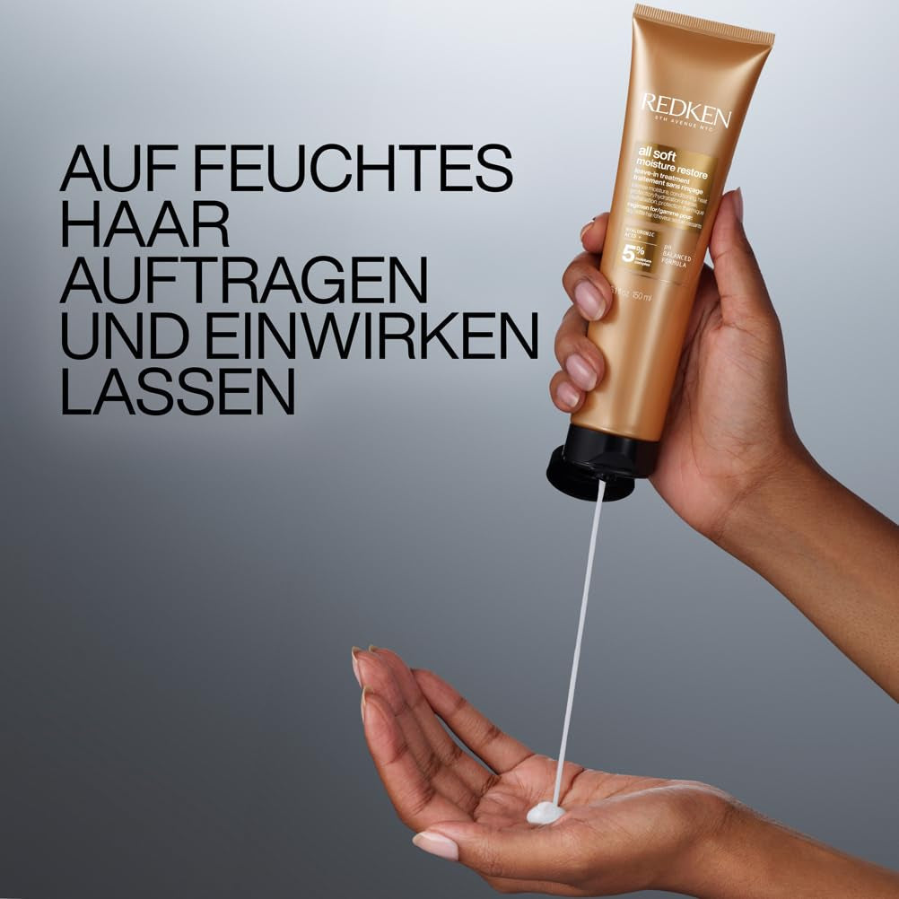 Redken vlasová maska s kyselinou hyaluronovou pro suché vlasy, proti krepatění a tepelná ochrana až do 230°C, All Soft Moisture Restore bezoplachová maska, 1 x 150 ml Naty Shop vlasová maska
