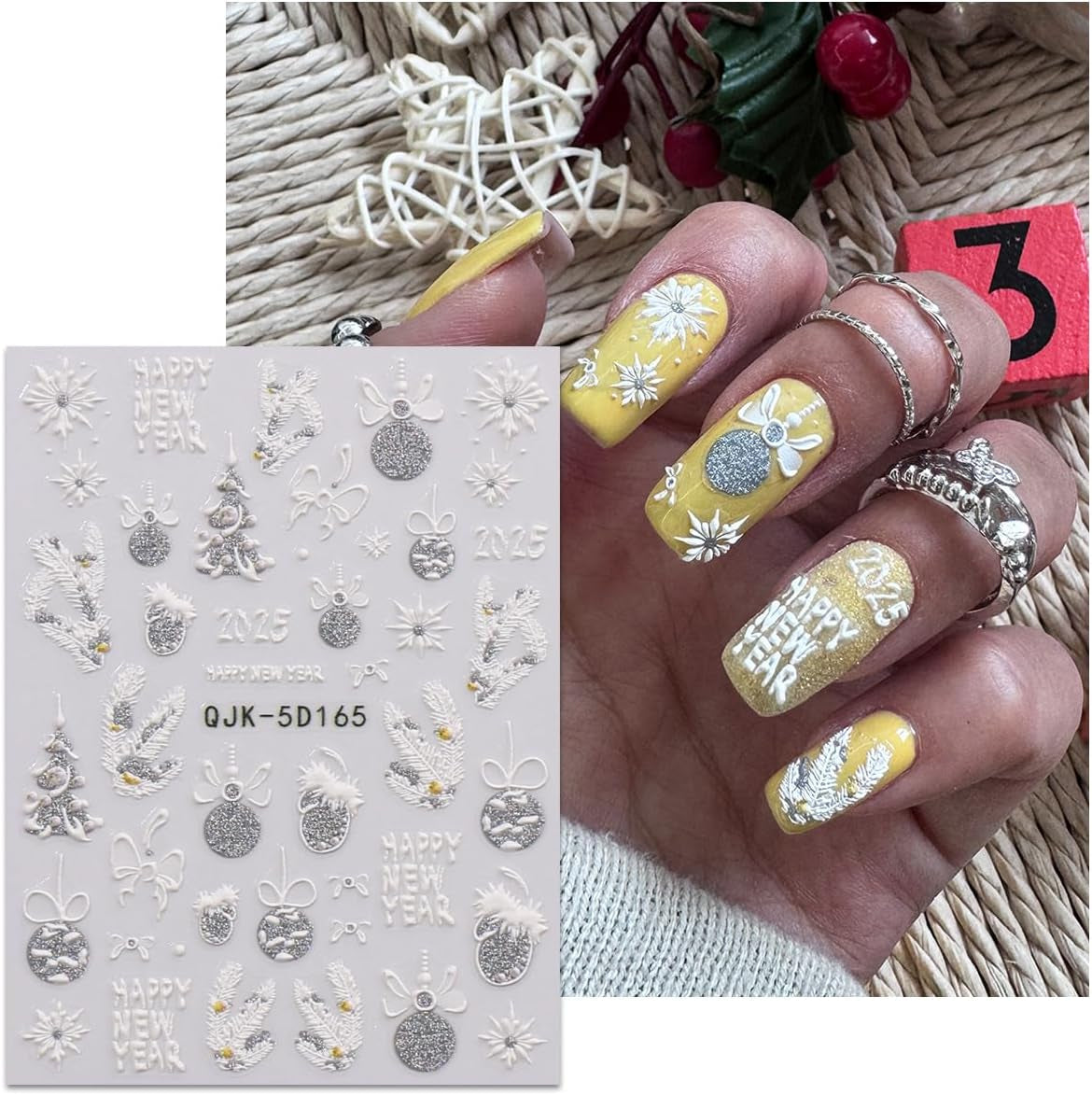 JMEOWIO 3D Nálepka na nehty Weihnachten Glitzer Nail Art Nálepka Selbstklebend Nagelaufkleber 5D Stereoskopické Schneeflocke Winterurlaub Süß Dekoration Nageldesign Zubehör 4 Blatt
