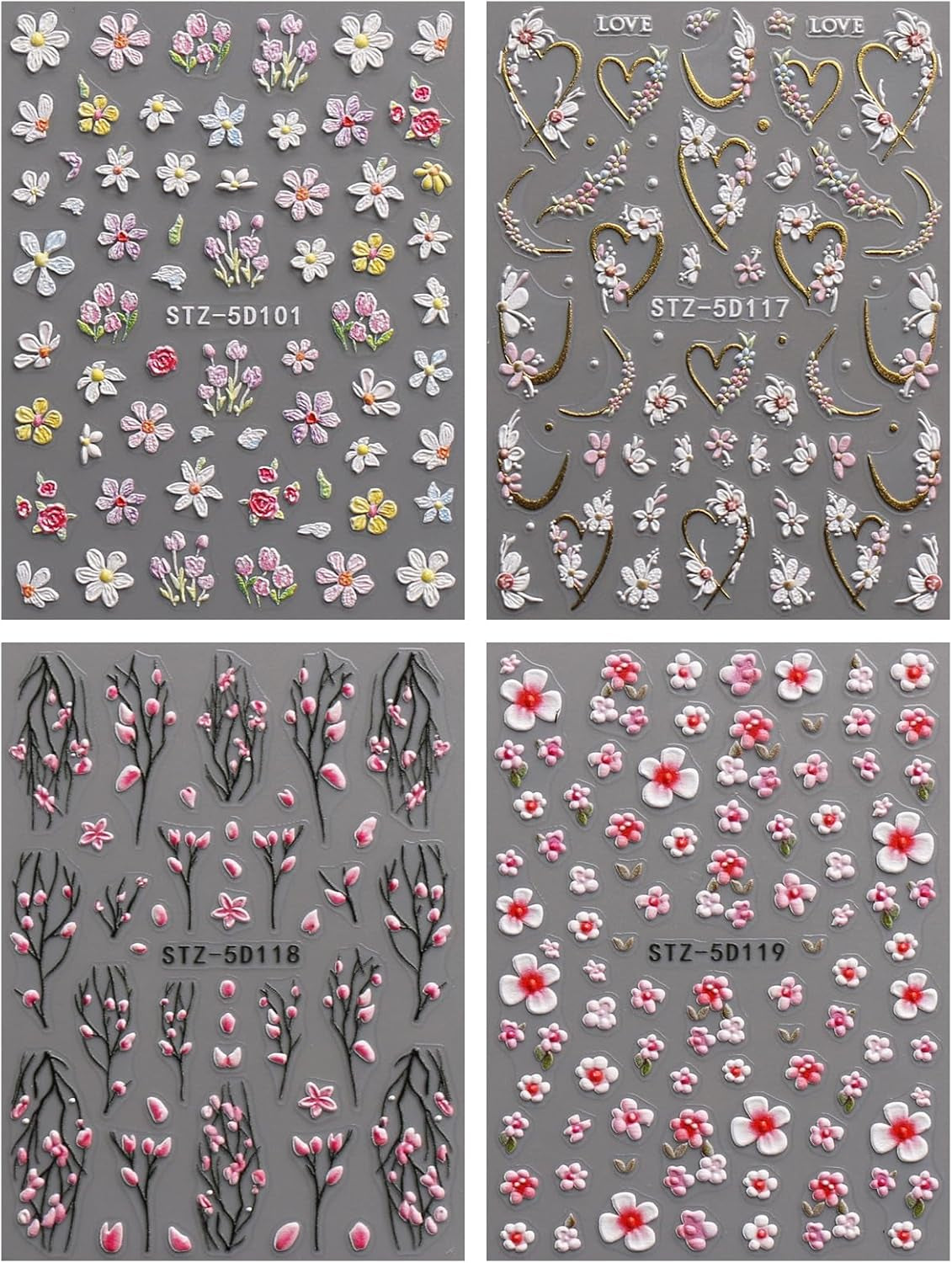 JMEOWIO 3D Nálepka na nehty Blume Nálepka na nehty Selbstklebend Nagelaufkleber 5D Stereoskopické jarní letní květinové dekorace Nageldesign Zubehör 4 Blatt
