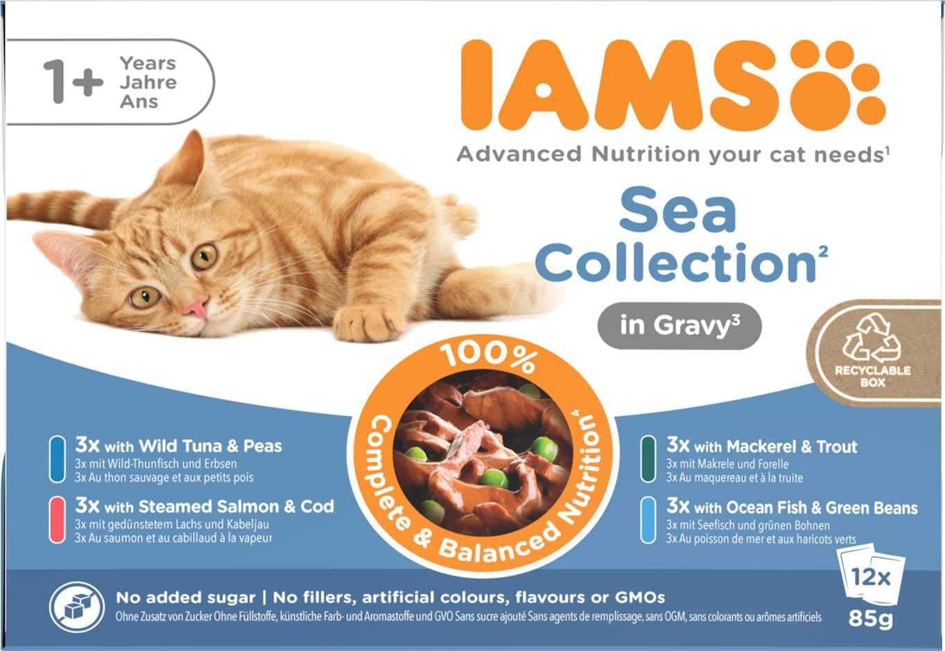 IAMS Delights Sea Collection Katzenfutter Nass - Multipack mit Fisch Sorten (Lachs, Thunfisch, Makreel, Seefisch) v omáčce, Nassfutter für Katzen od 1 Jahr, 12 x 85 g