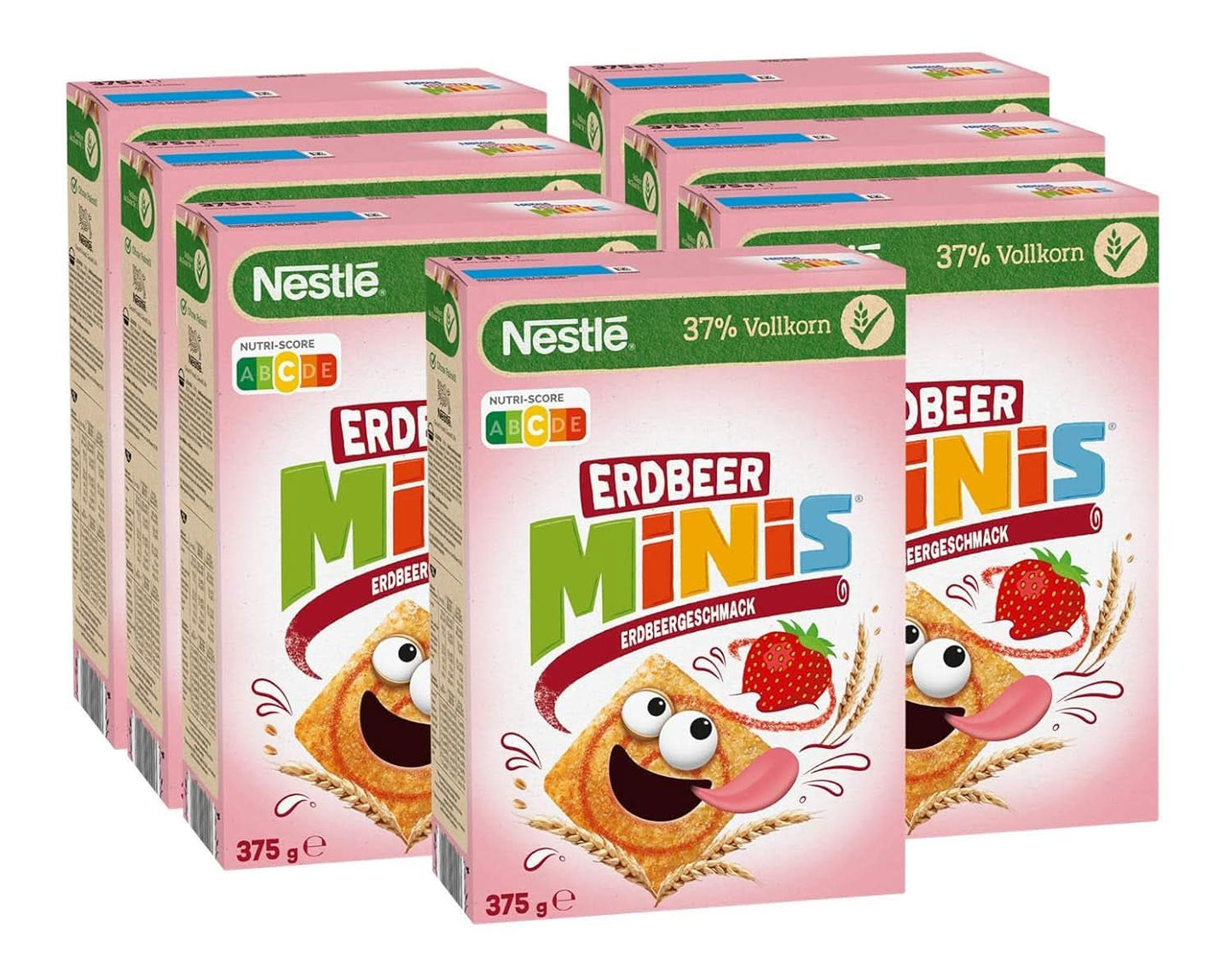 NESTLE Strawberry Minis, cereálie s příchutí jahod a celozrnné mouky, sada 7 x 375 gramů Cereals Naty Shop