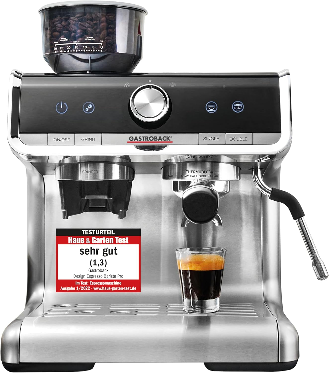 Kávovar GASTROBACK s mlýnkem včetně konvičky na mléko, lis a portafiltr z nerezové oceli - Kávovar Barista s napěňovačem mléka - Kávovar s 30 nastaveními mletí