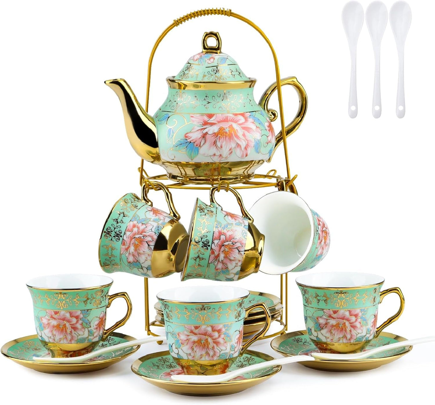 Keramická čajová souprava s kovovým stojánkem, 20 kusů Vintage květinový vzor Porcelánová čajová souprava, Evropský styl čajová souprava pro 6, 160 ml keramický šálek na čaj, 700 ml konvice, na večírky