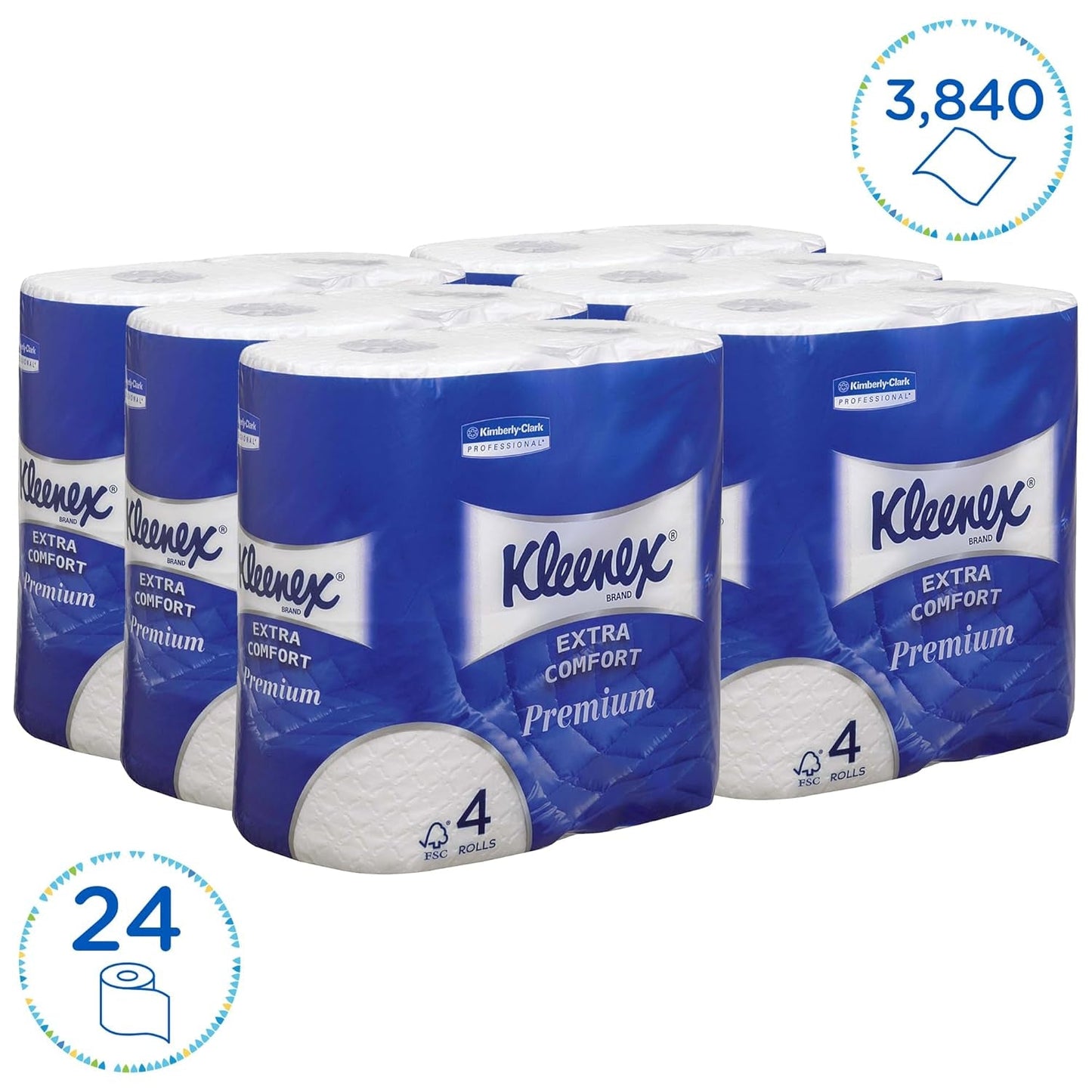 Kleenex Premium role toaletního papíru 8484, toaletní papír 24 rolí X 160 pufovaných listů, 4vrstvý toaletní papír, 100% čisté vlákno, vysoká kvalita, odolný proti roztržení a měkký (2 balení)