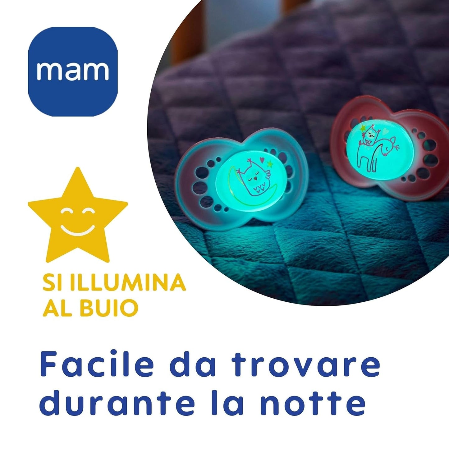 MAM dudlík 6+ měsíců (2 balení) MAM 6-16 měsíců svítící ve tmě s gumovou savičkou, 2 balení se sterilním držákem na dudlík, světle modrá/světle modrá