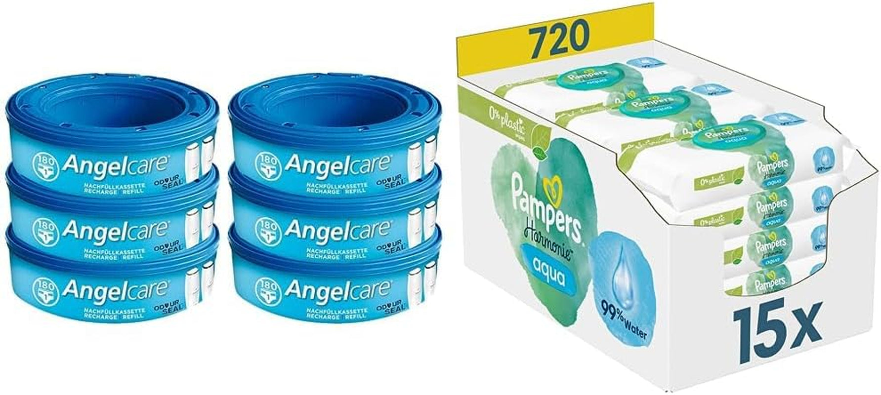 Náplňový box 2320 Plus 2017 (6-balení) a box na vlhčené ubrousky Pampers Harmony Aqua Baby, 720 ubrousků (15 x 48), jemná ochrana pokožky s 99 % vody