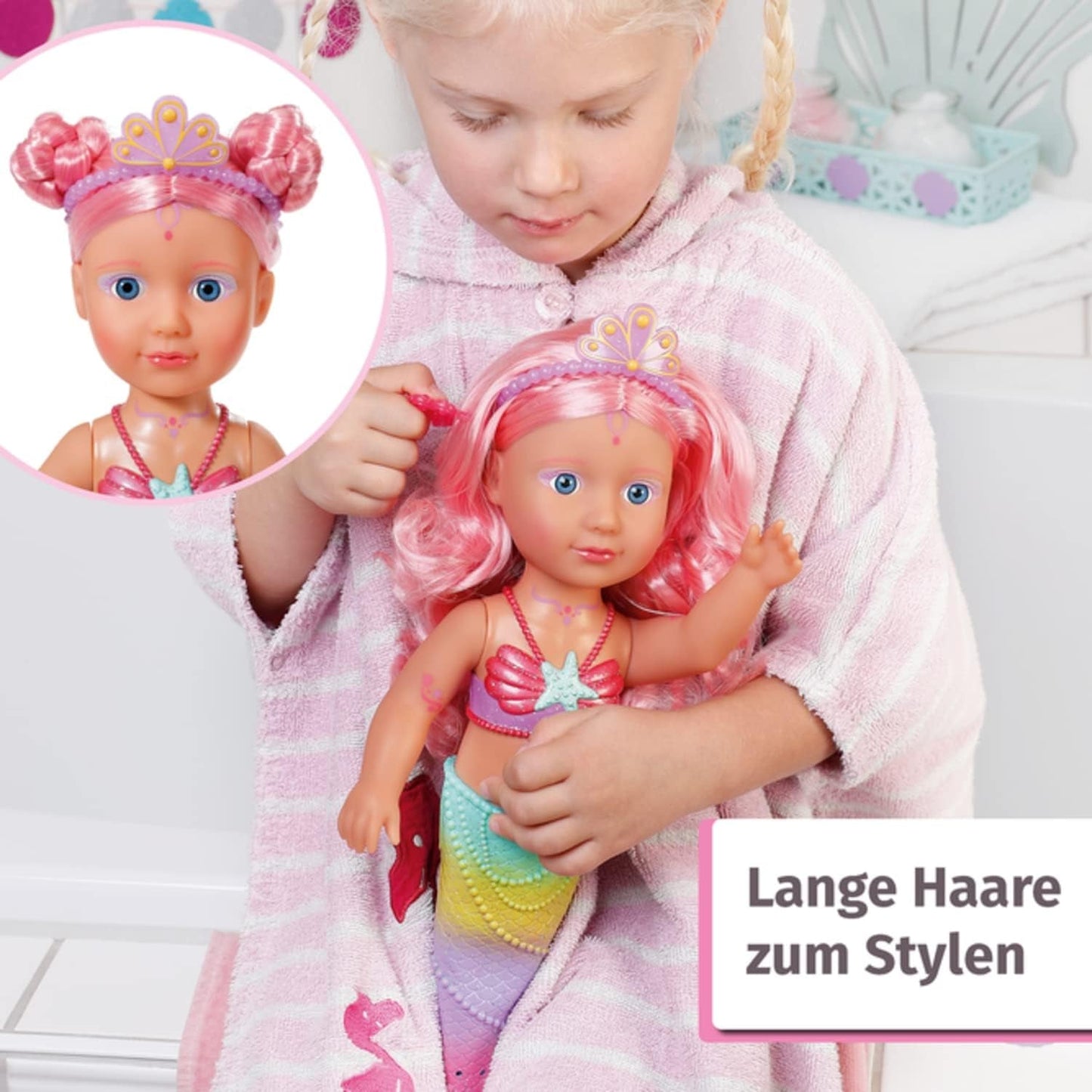 BABY Born Little Sister Mermaid 46 cm Vodotěsná panenka mořská panna s dlouhými vlasy a pohyblivou třpytivou ploutví, vč. diadém a hřeben, 833681 Zapf Creation Dolls Naty Shop