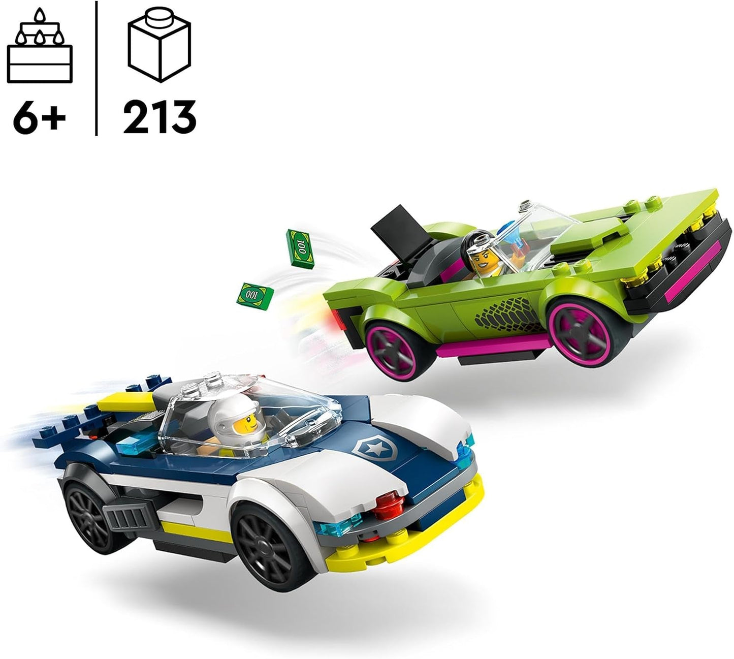 LEGO City Car Chase s policejním autem a svalovcem, vláček se 2 závodními auty, policejní dárek pro děti, chlapce a dívky od 6 let, sada s policistou a minifigurkami Ganovin 60415 Stavebnice Besuche den LEGO-Store