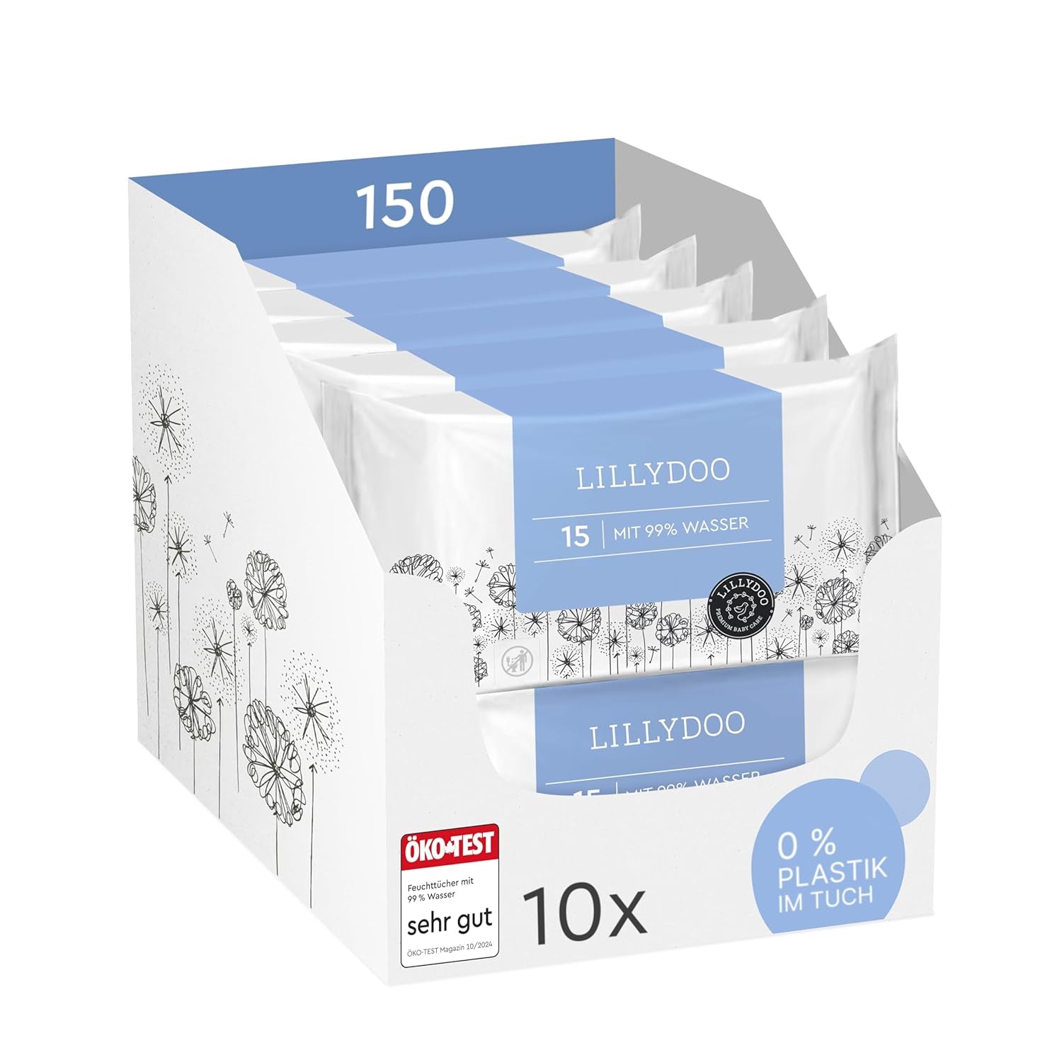 Zelené vlhčené ubrousky LILLYDOO, počet 600 (10 x 60), 100% ubrousek odolný proti roztržení bez plastů – bez parfemace, jemný a přírodní, jemný čistící prostředek pro citlivou pokožku, dermatologicky testováno