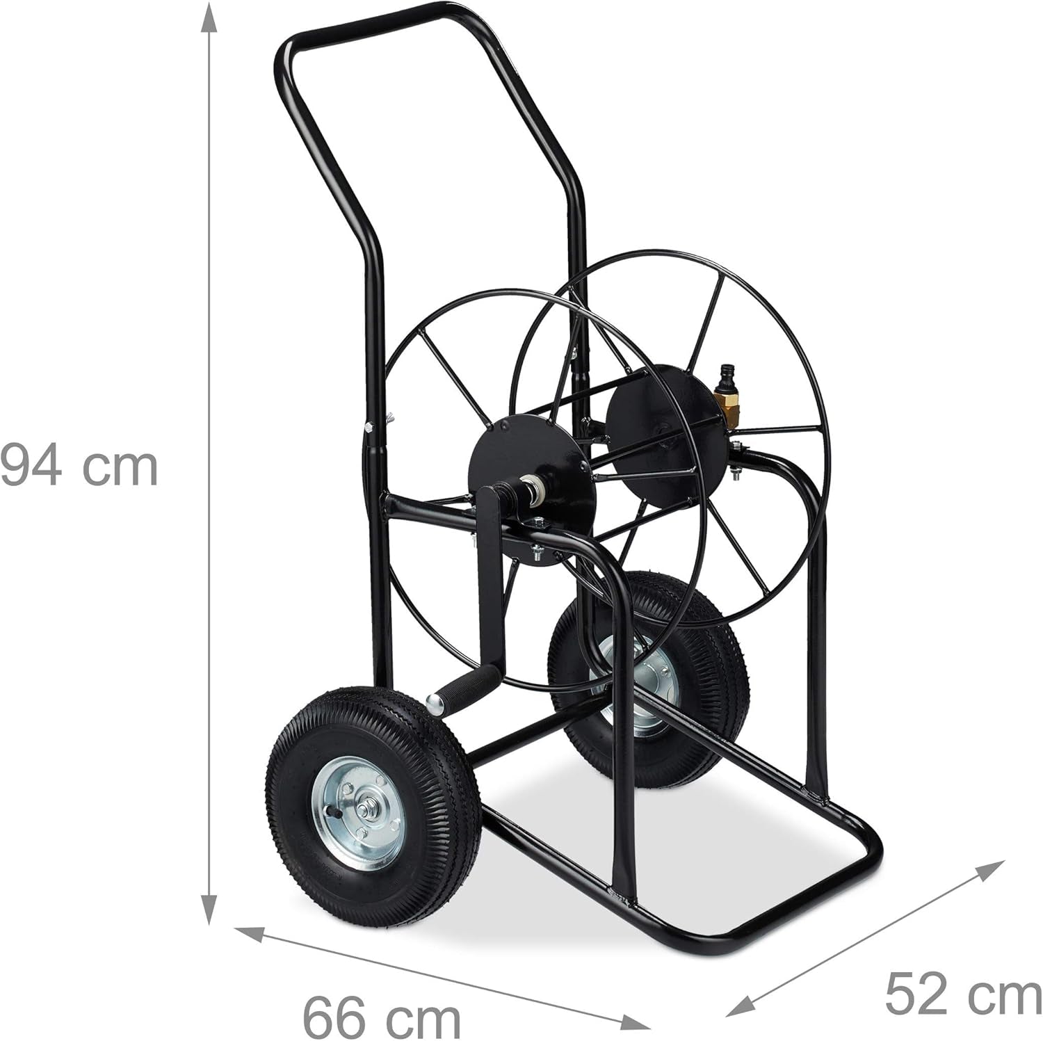 Vozík na hadici Relaxdays, mobilní naviják na hadici, připojení 1/2" a 3/4", hadice až 80 m, 2 kolečka, kov, černá
