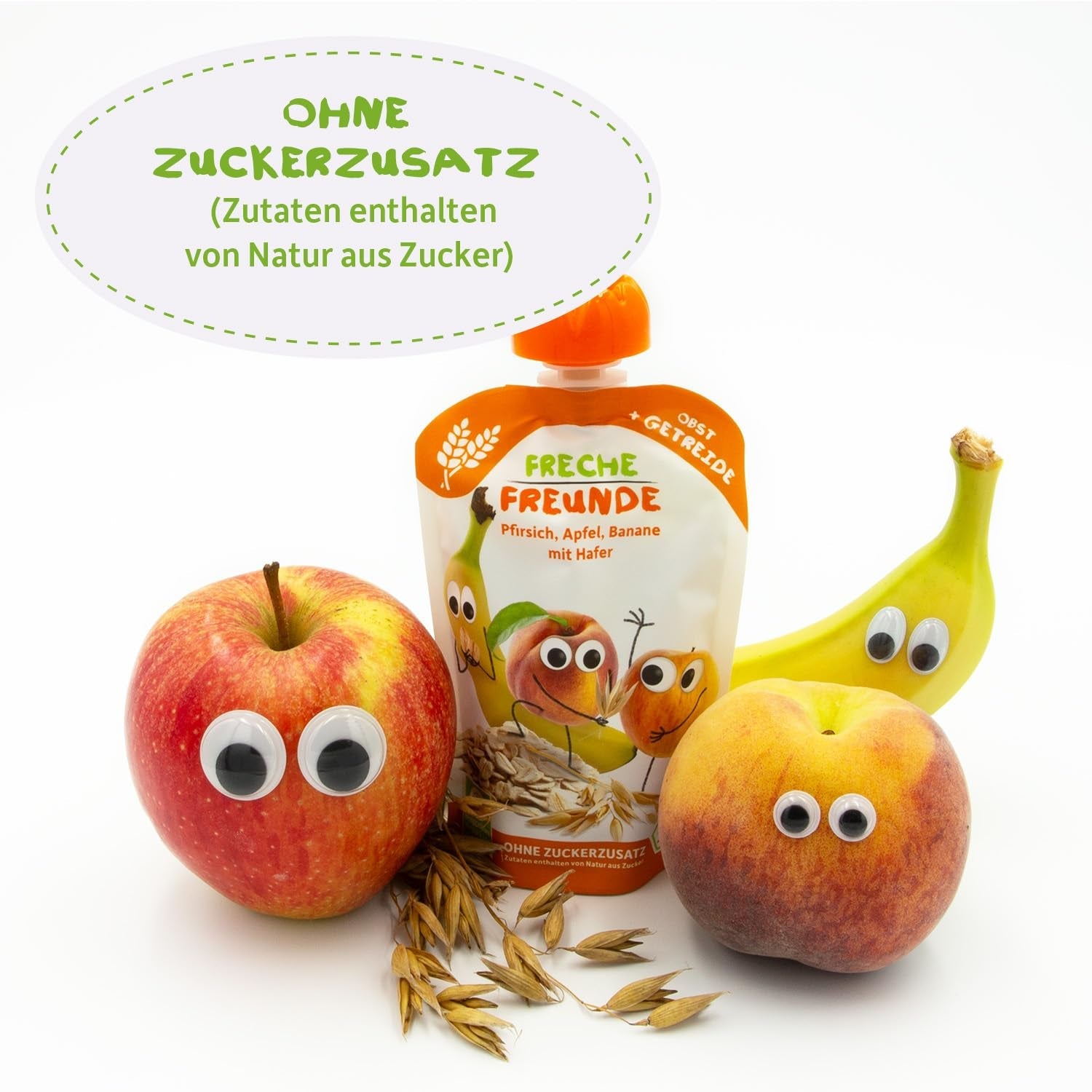 FRECHE FREUNDE Broskev Jablko Banán Oves Bio Ovocné pyré s cereáliemi ve stlačitelném sáčku pro děti 6 měsíců+ Vegan 6 balení (6 x 100 g)