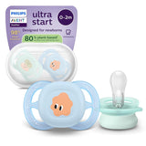 Noční dudlík Philips AVENT Ultra Start, ortodontický dudlík pro novorozence, zářící ve tmě, bez BPA, se sterilizační nádobkou, dvojité balení, měsíc, hvězda, SCF075/07